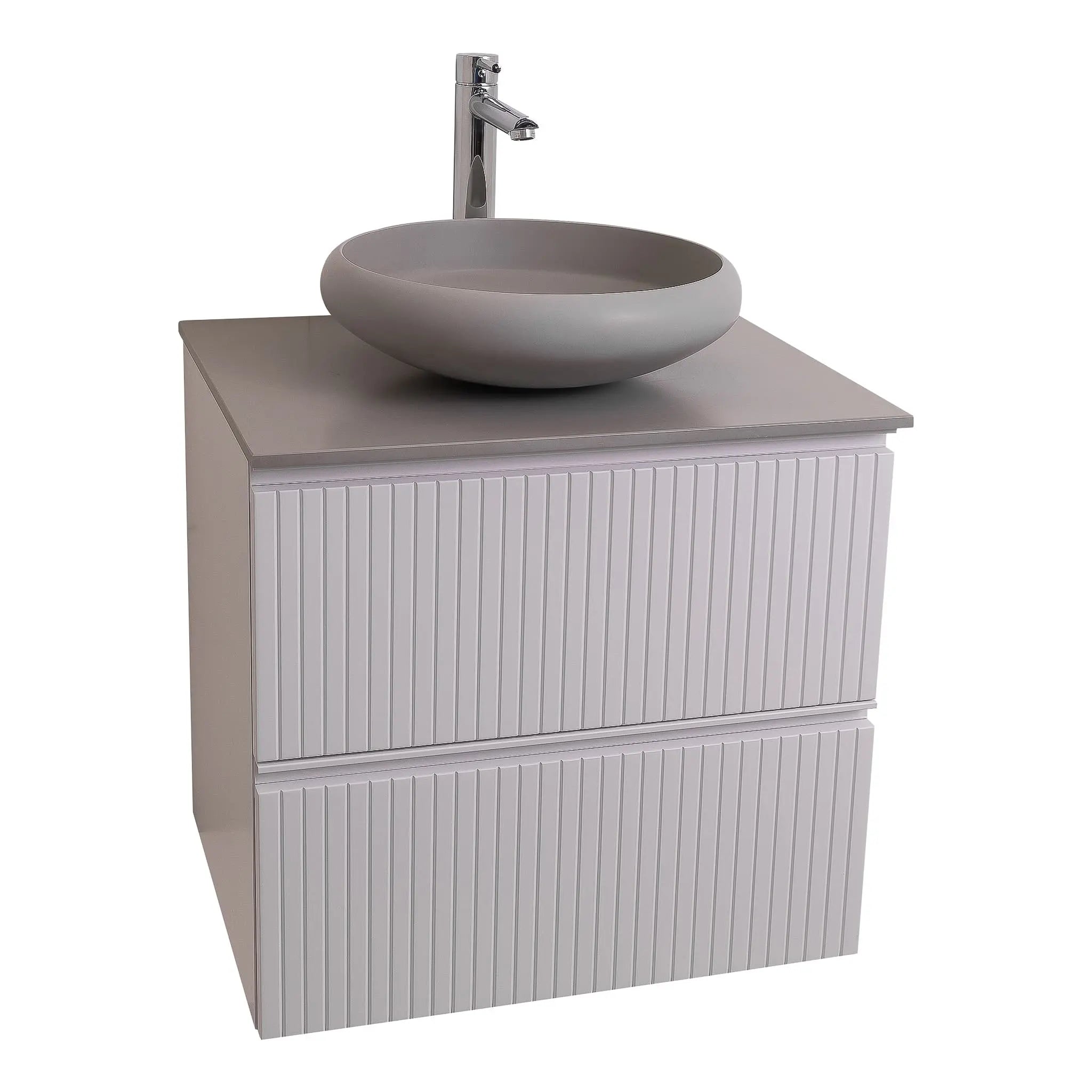 Ares 23.5 Matte White Cabinet, Solid Surface Flat Grey Counter And Round Solid Surface Grey Basin 1153, Wall Mounted Modern Vanity Set