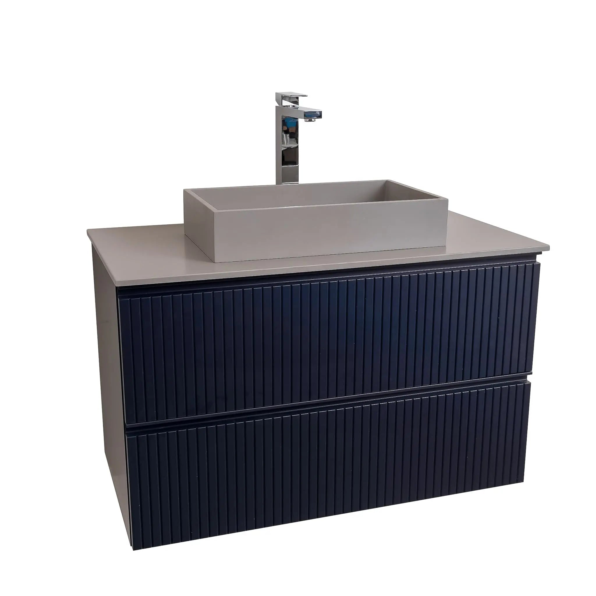 Ares 31.5 Matte Navy Blue Cabinet, Solid Surface Flat Grey Counter And Infinity Square Solid Surface Grey Basin 1329, Wall Mounted Modern Vanity Set