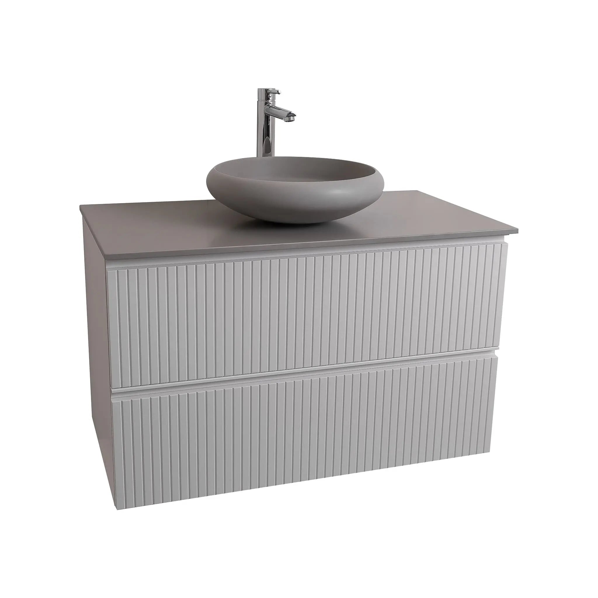 Ares 35.5 Matte White Cabinet, Solid Surface Flat Grey Counter And Round Solid Surface Grey Basin 1153, Wall Mounted Modern Vanity Set