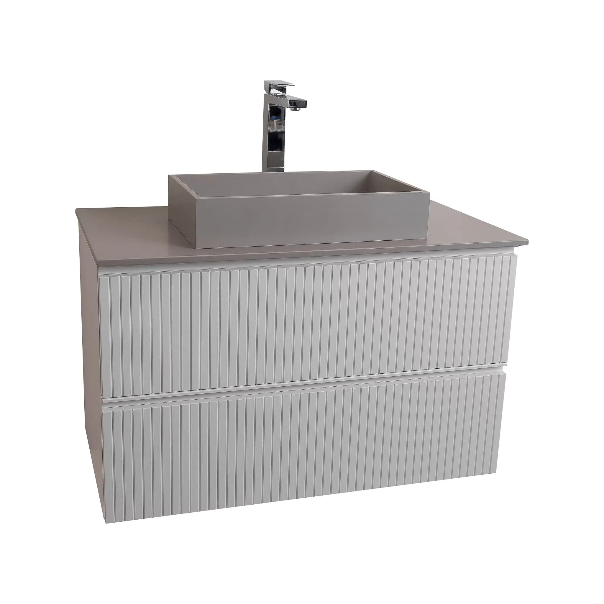 Ares 35.5 Matte White Cabinet, Solid Surface Flat Grey Counter And Infinity Square Solid Surface Grey Basin 1329, Wall Mounted Modern Vanity Set