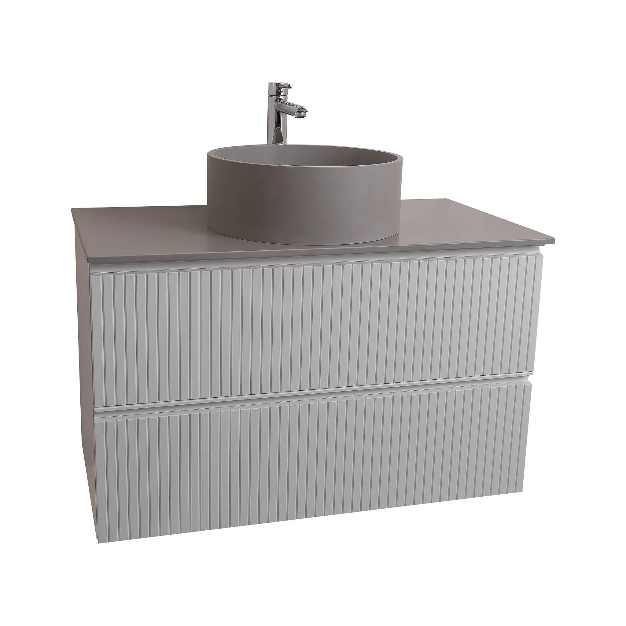 Ares 35.5 Matte White Cabinet, Solid Surface Flat Grey Counter And Round Solid Surface Grey Basin 1386, Wall Mounted Modern Vanity Set