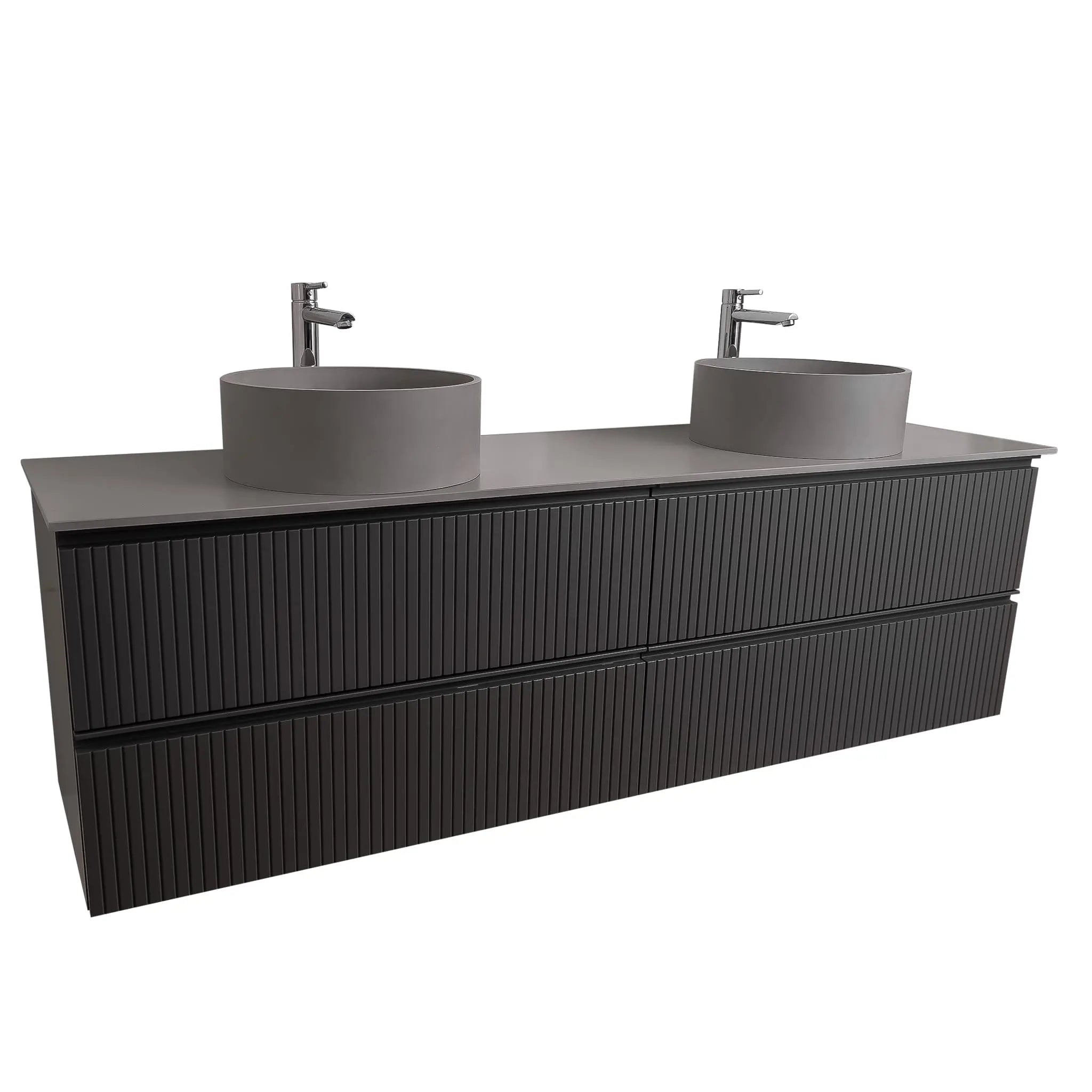Ares 63 Matte Grey Cabinet, Solid Surface Flat Grey Counter And Two Round Solid Surface Grey Basin 1386, Wall Mounted Modern Vanity Set
