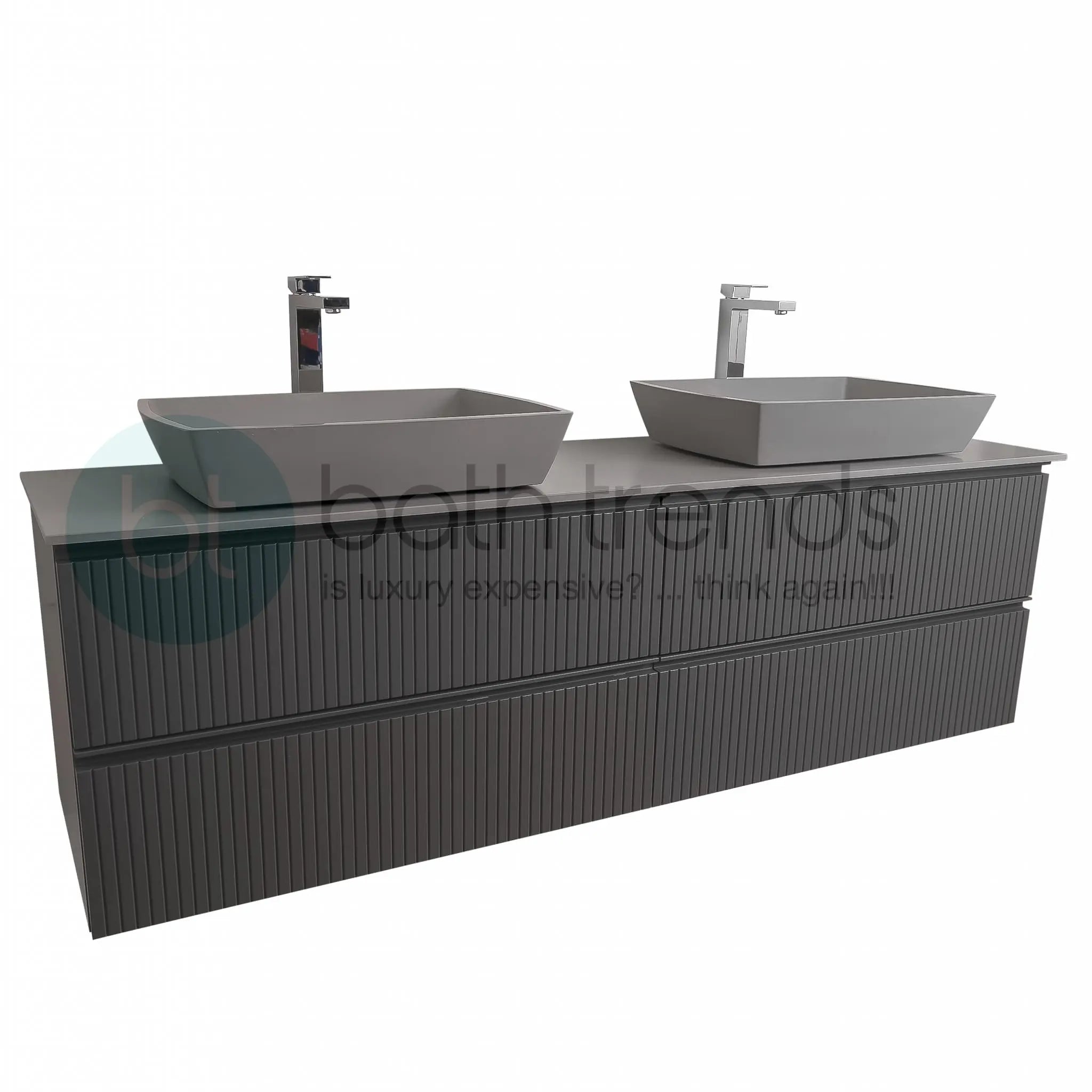 Ares 72 Matte Grey Cabinet, Solid Surface Flat Grey Counter And Two Square Solid Surface Grey Basin 1316, Wall Mounted Modern Vanity Set