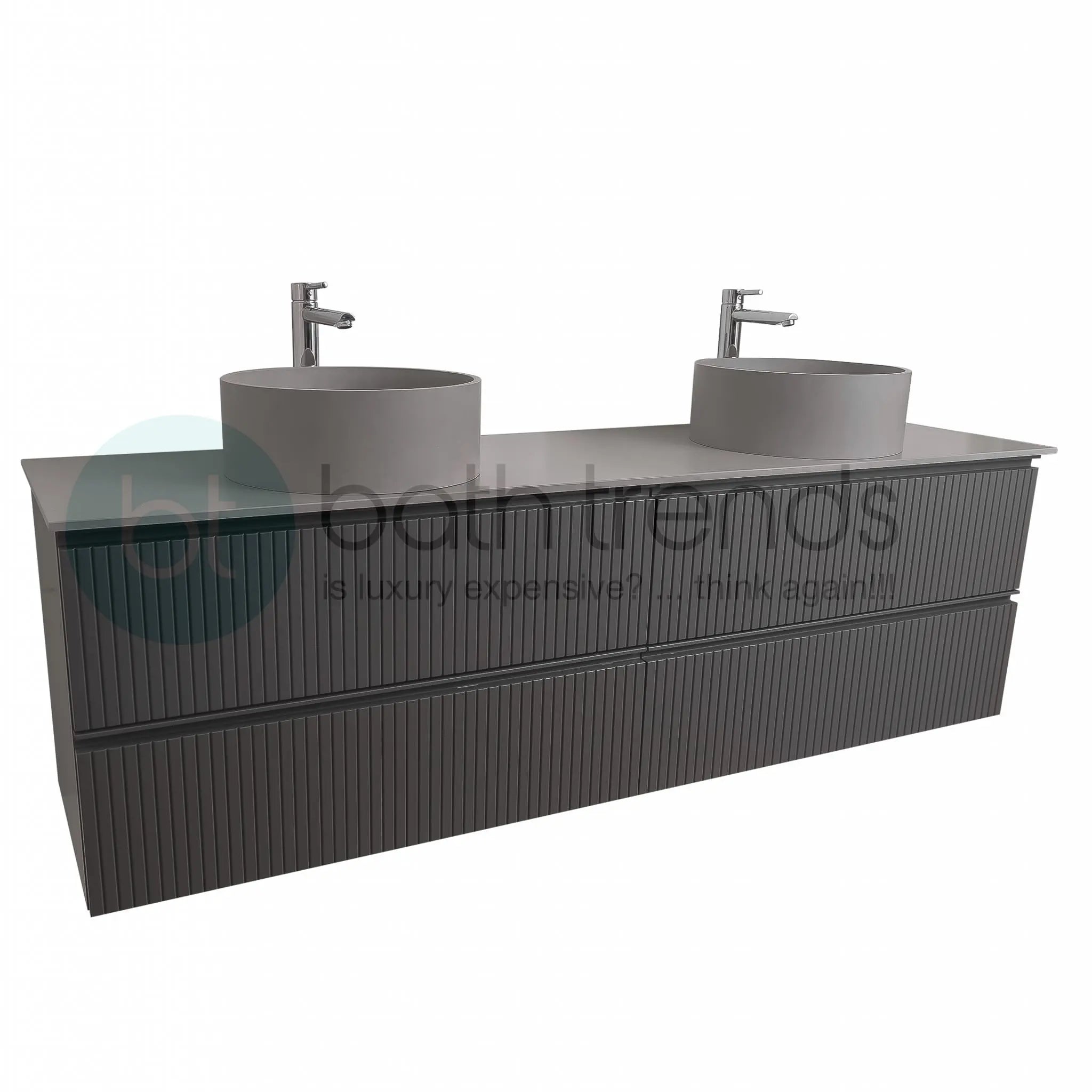 Ares 72 Matte Grey Cabinet, Solid Surface Flat Grey Counter And Two Round Solid Surface Grey Basin 1386, Wall Mounted Modern Vanity Set