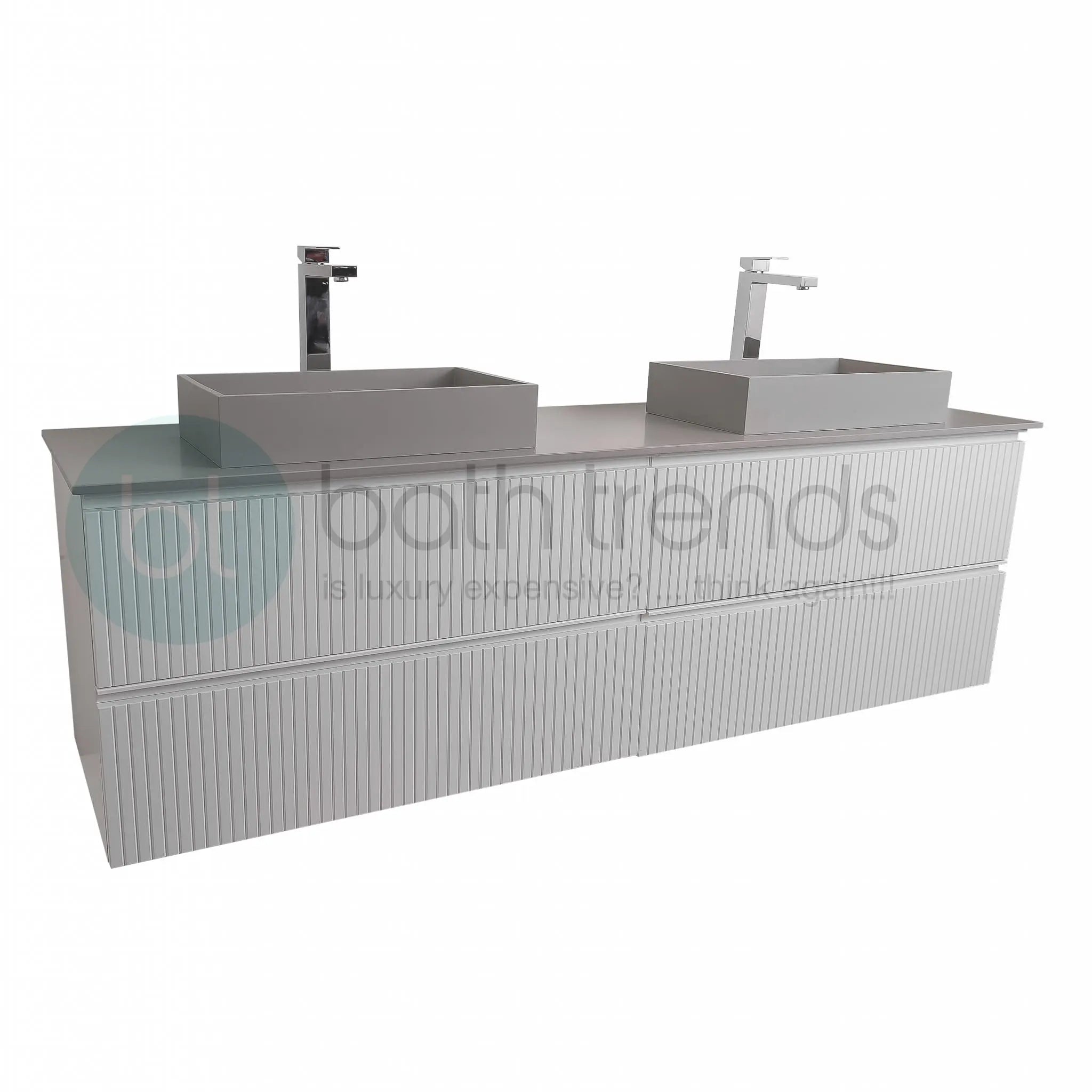 Ares 72 Matte White Cabinet, Solid Surface Flat Grey Counter And Two Infinity Square Solid Surface Grey Basin 1329, Wall Mounted Modern Vanity Set