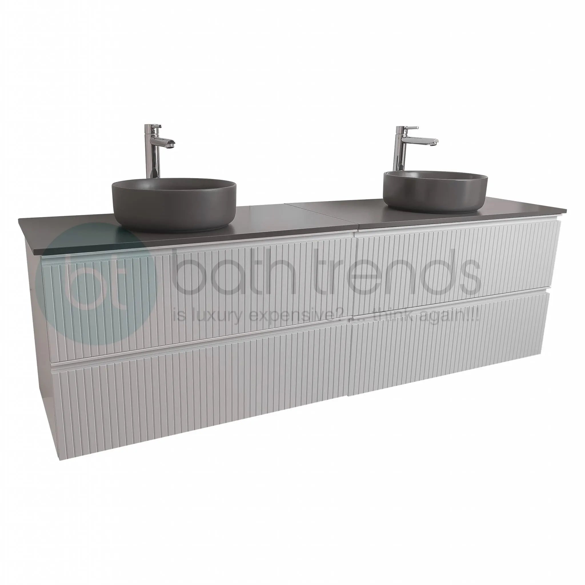 Ares 72 Matte White Cabinet, Ares Grey Ceniza Top And Two Ares Grey Ceniza Ceramic Basin, Wall Mounted Modern Vanity Set