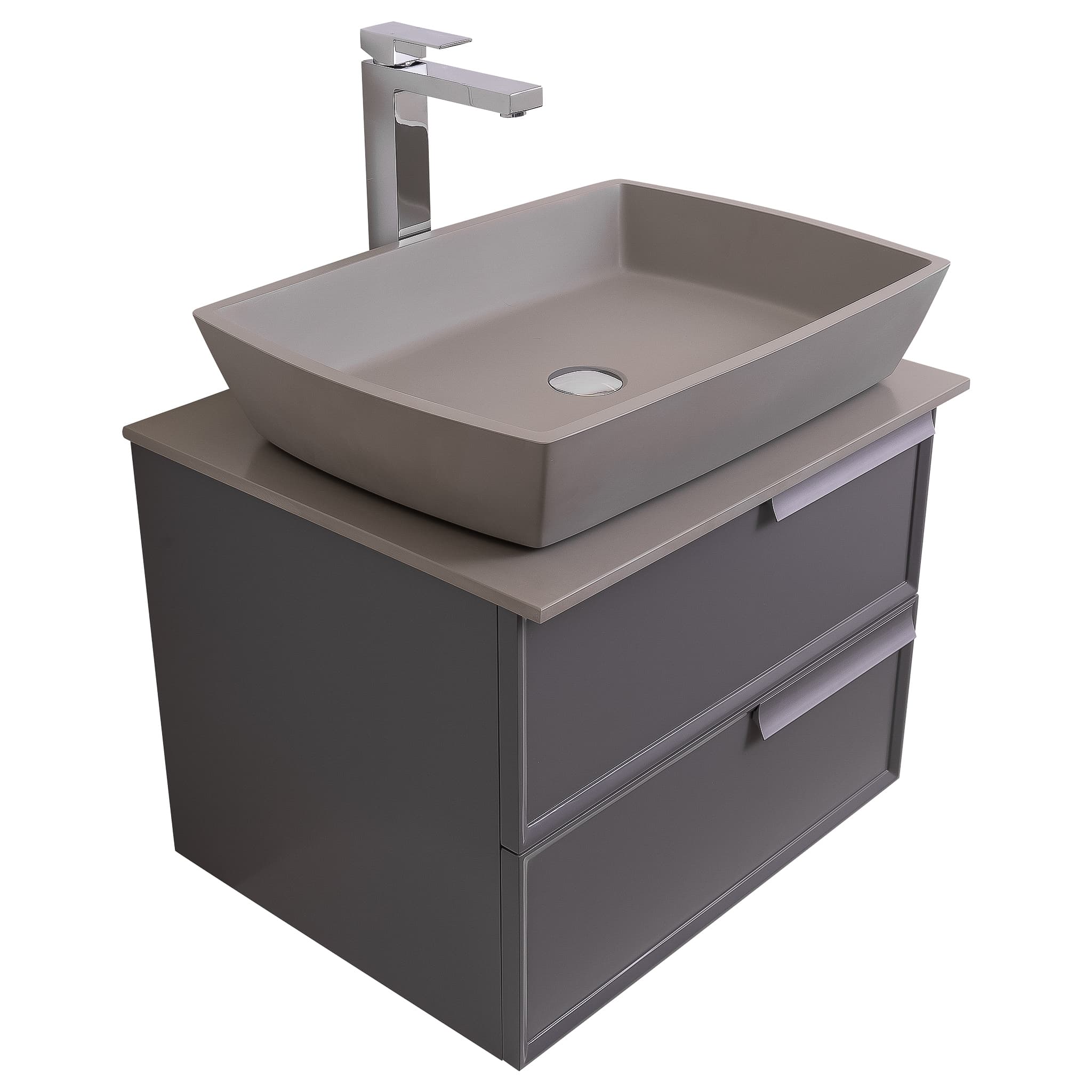 Garda 23.5 Matte Grey Cabinet, Solid Surface Flat Grey Counter and Square Solid Surface Grey Basin 1316, Wall Mounted Modern Vanity Set