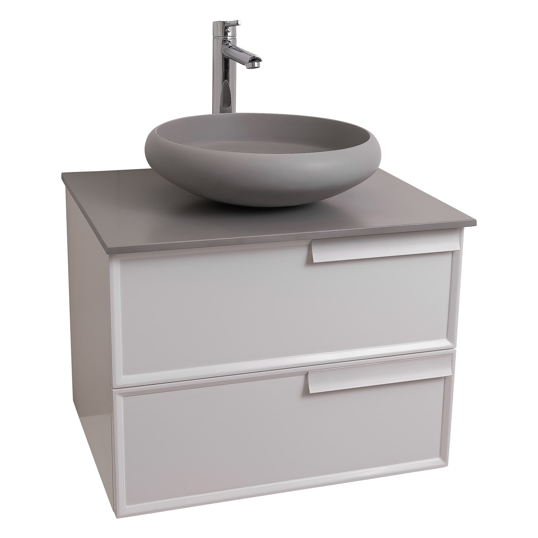 Garda 23.5 Matte White Cabinet, Solid Surface Flat Grey Counter and Round Solid Surface Grey Basin 1153, Wall Mounted Modern Vanity Set