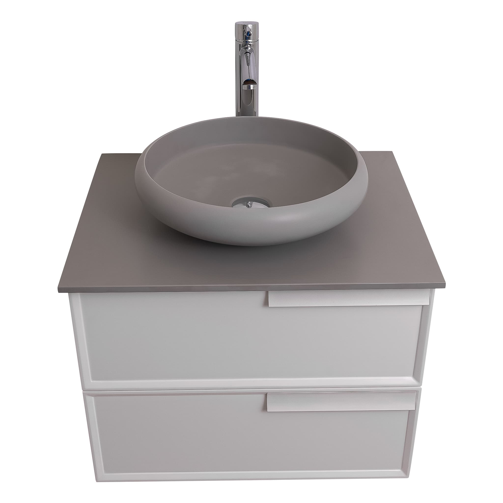 Garda 23.5 Matte White Cabinet, Solid Surface Flat Grey Counter and Round Solid Surface Grey Basin 1153, Wall Mounted Modern Vanity Set