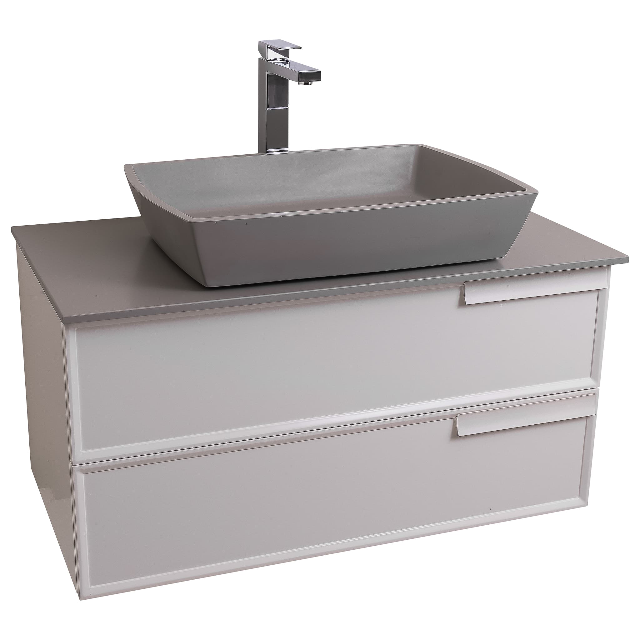Garda 31.5 Matte White Cabinet, Solid Surface Flat Grey Counter and Square Solid Surface Grey Basin 1316, Wall Mounted Modern Vanity Set