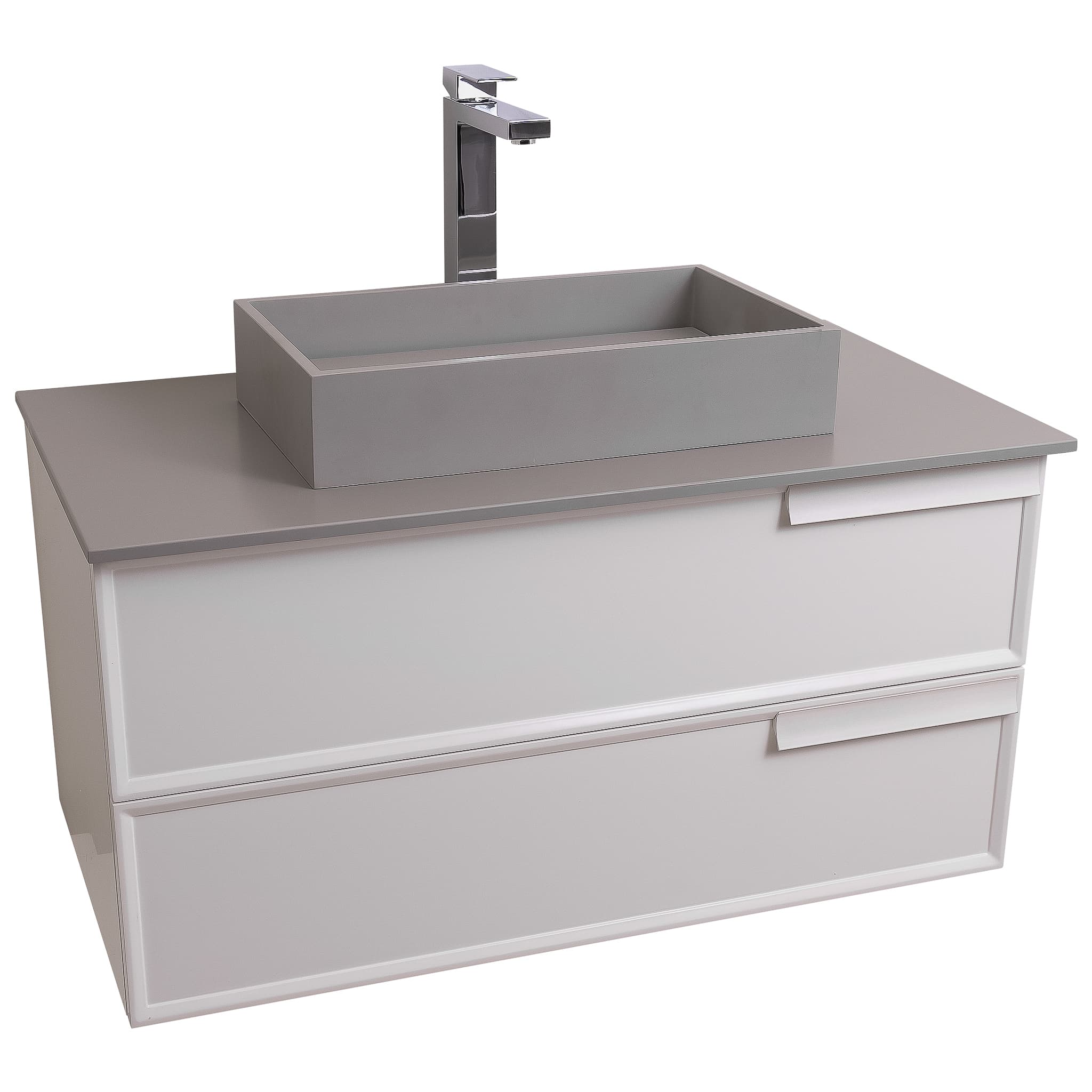 Garda 31.5 Matte White Cabinet, Solid Surface Flat Grey Counter and Infinity Square Solid Surface Grey Basin 1329, Wall Mounted Modern Vanity Set