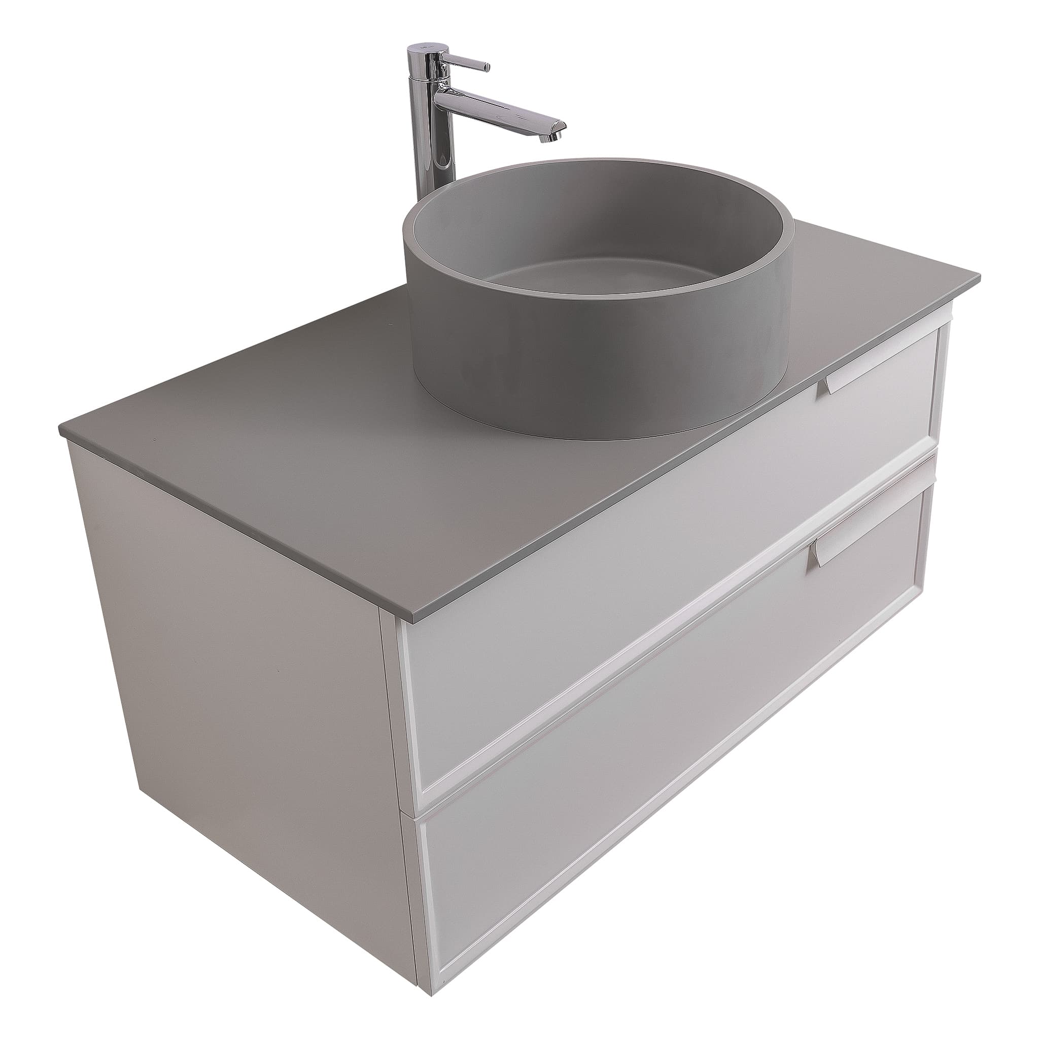 Garda 39.5 Matte White Cabinet, Solid Surface Flat Grey Counter and Round Solid Surface Grey Basin 1386, Wall Mounted Modern Vanity Set