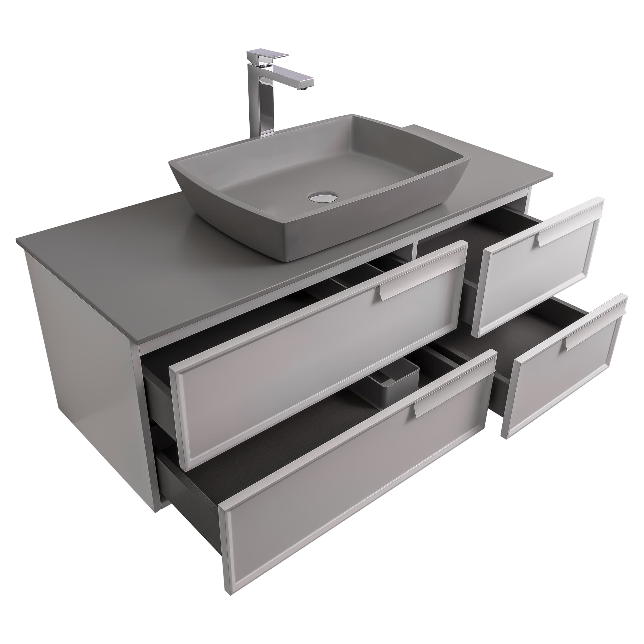 Garda 47.5 Matte White Cabinet, Solid Surface Flat Grey Counter and Square Solid Surface Grey Basin 1316, Wall Mounted Modern Vanity Set