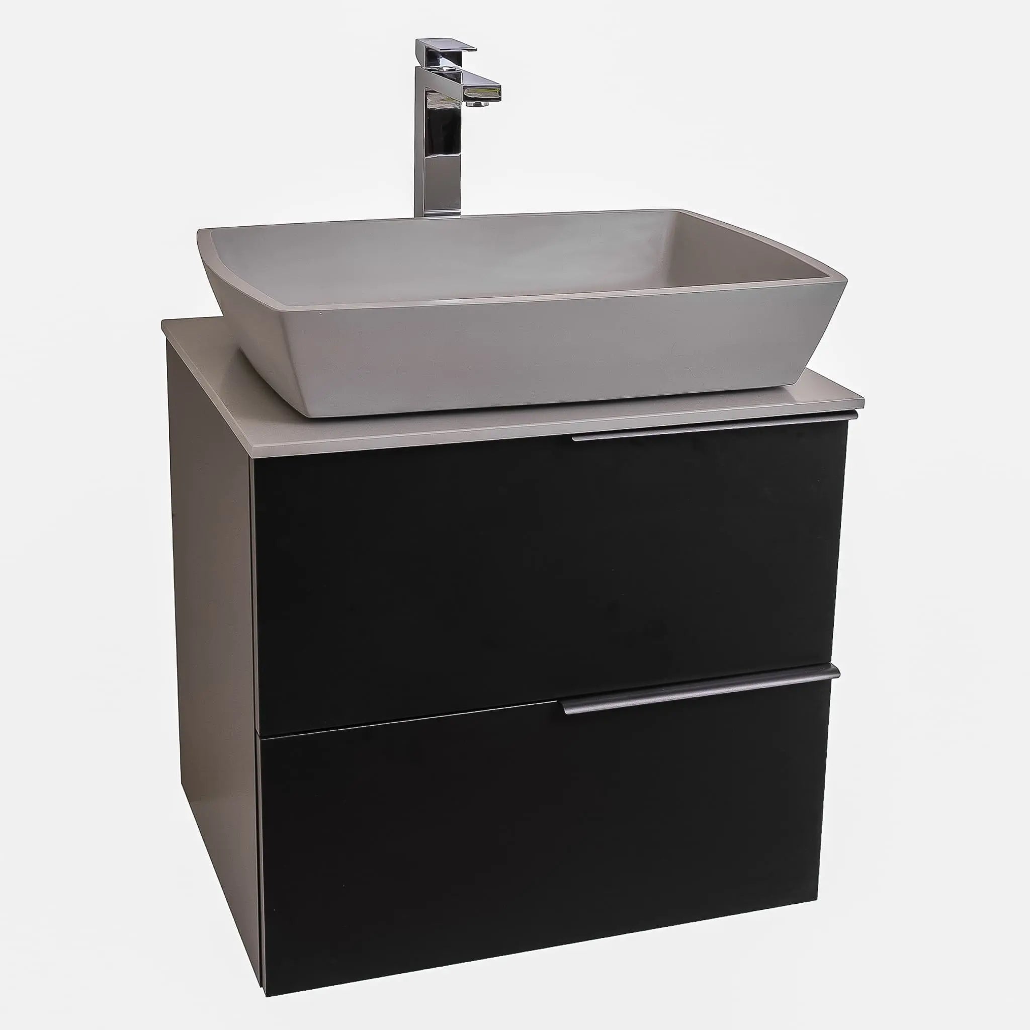 Mallorca 23.5 Matte Black Cabinet, Solid Surface Flat Grey Counter And Square Solid Surface Grey Basin 1316, Wall Mounted Modern Vanity Set