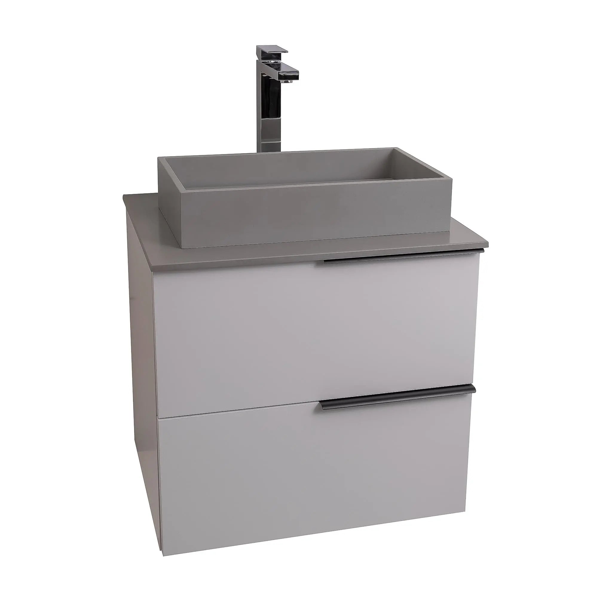 Mallorca 23.5 Matte White Cabinet, Solid Surface Flat Grey Counter And Infinity Square Solid Surface Grey Basin 1329, Wall Mounted Modern Vanity Set