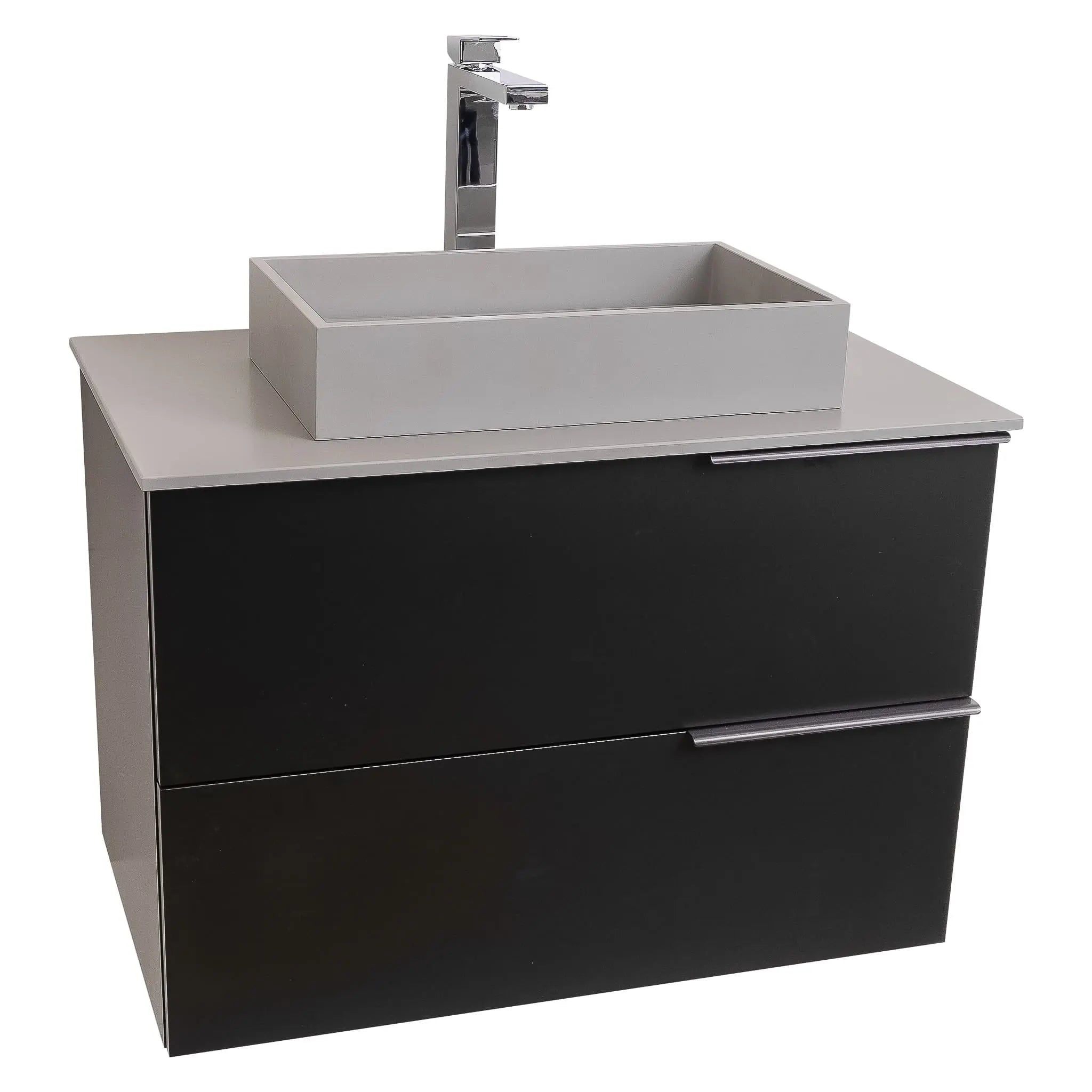 Mallorca 31.5 Matte Black Cabinet, Solid Surface Flat Grey Counter And Infinity Square Solid Surface Grey Basin 1329, Wall Mounted Modern Vanity Set