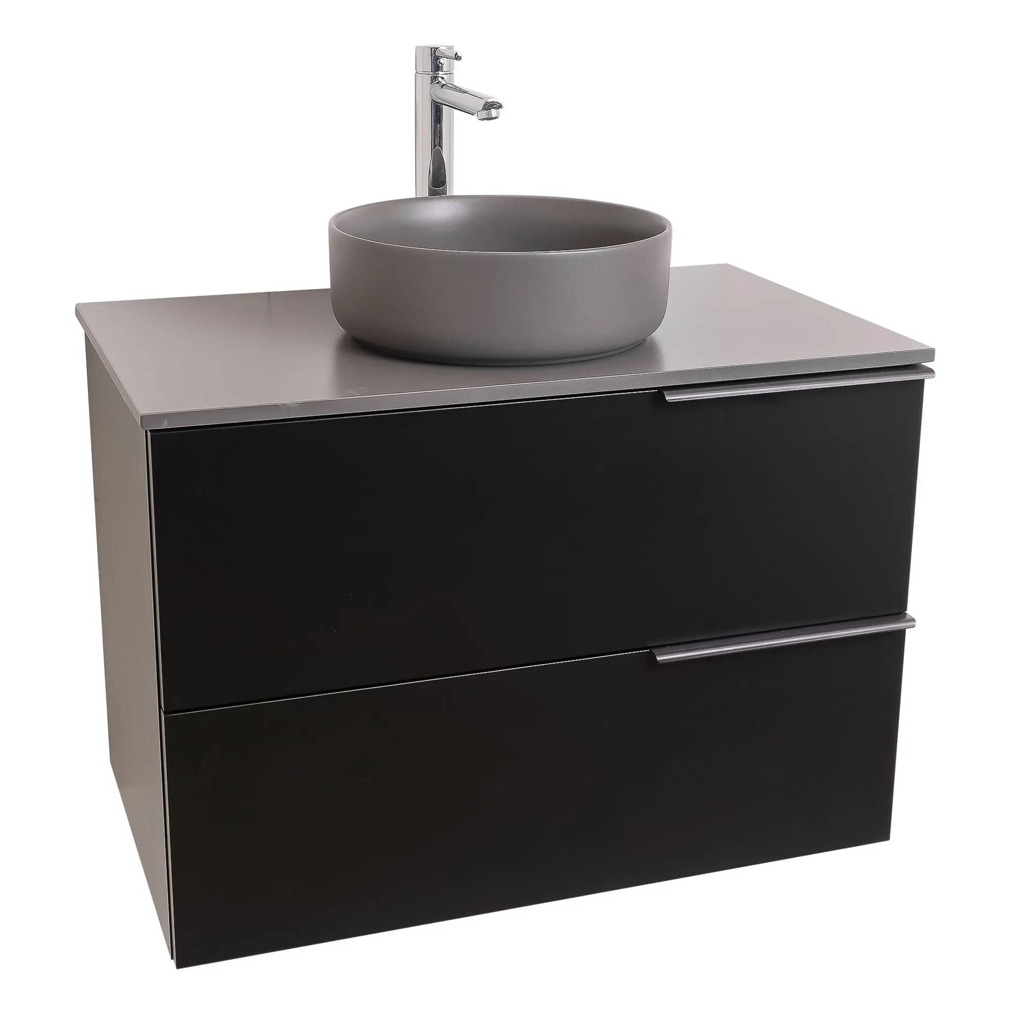 Mallorca 31.5 Matte Black Cabinet, Ares Grey Ceniza Top And Ares Grey Ceniza Ceramic Basin, Wall Mounted Modern Vanity Set