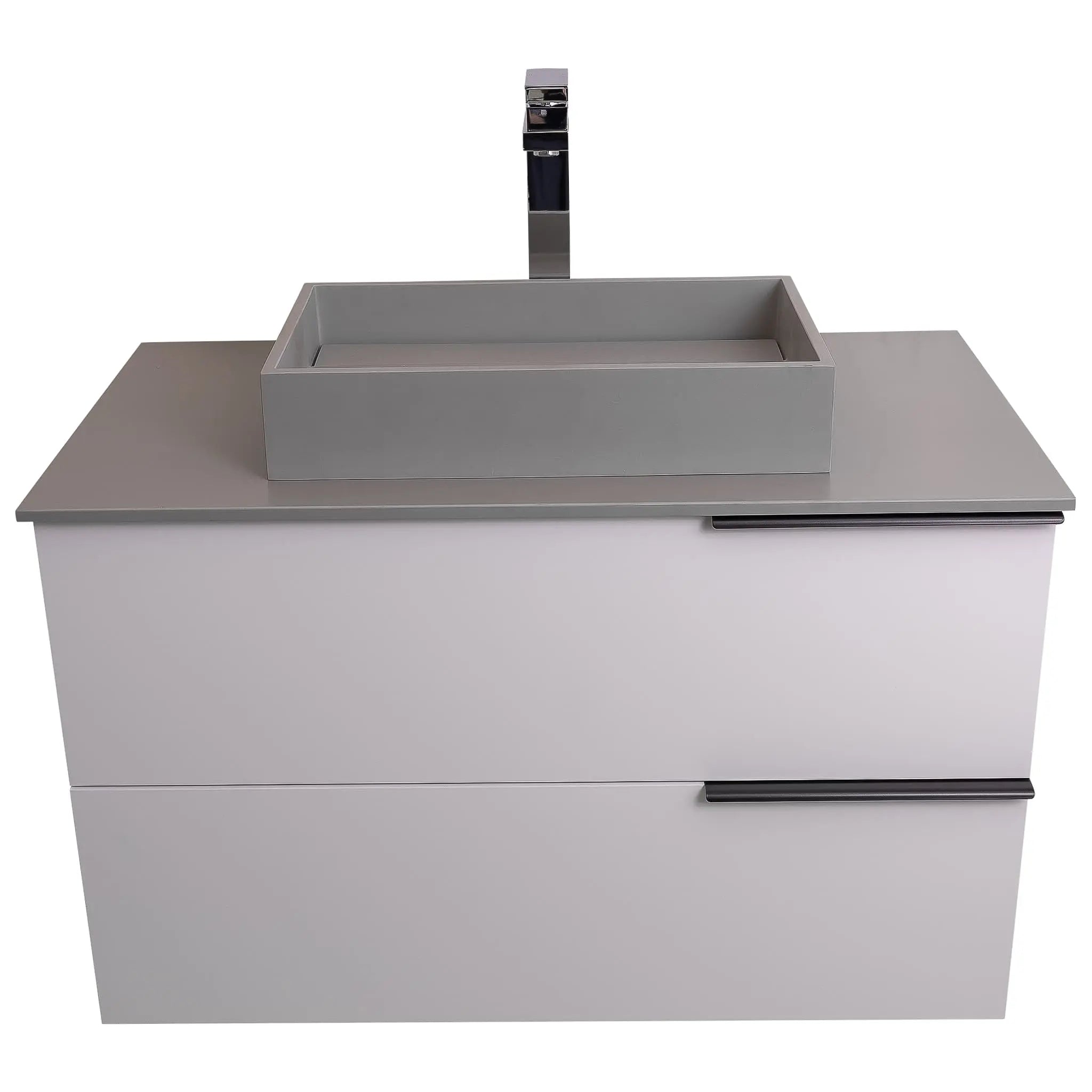 Mallorca 35.5 Matte White Cabinet, Solid Surface Flat Grey Counter And Infinity Square Solid Surface Grey Basin 1329, Wall Mounted Modern Vanity Set