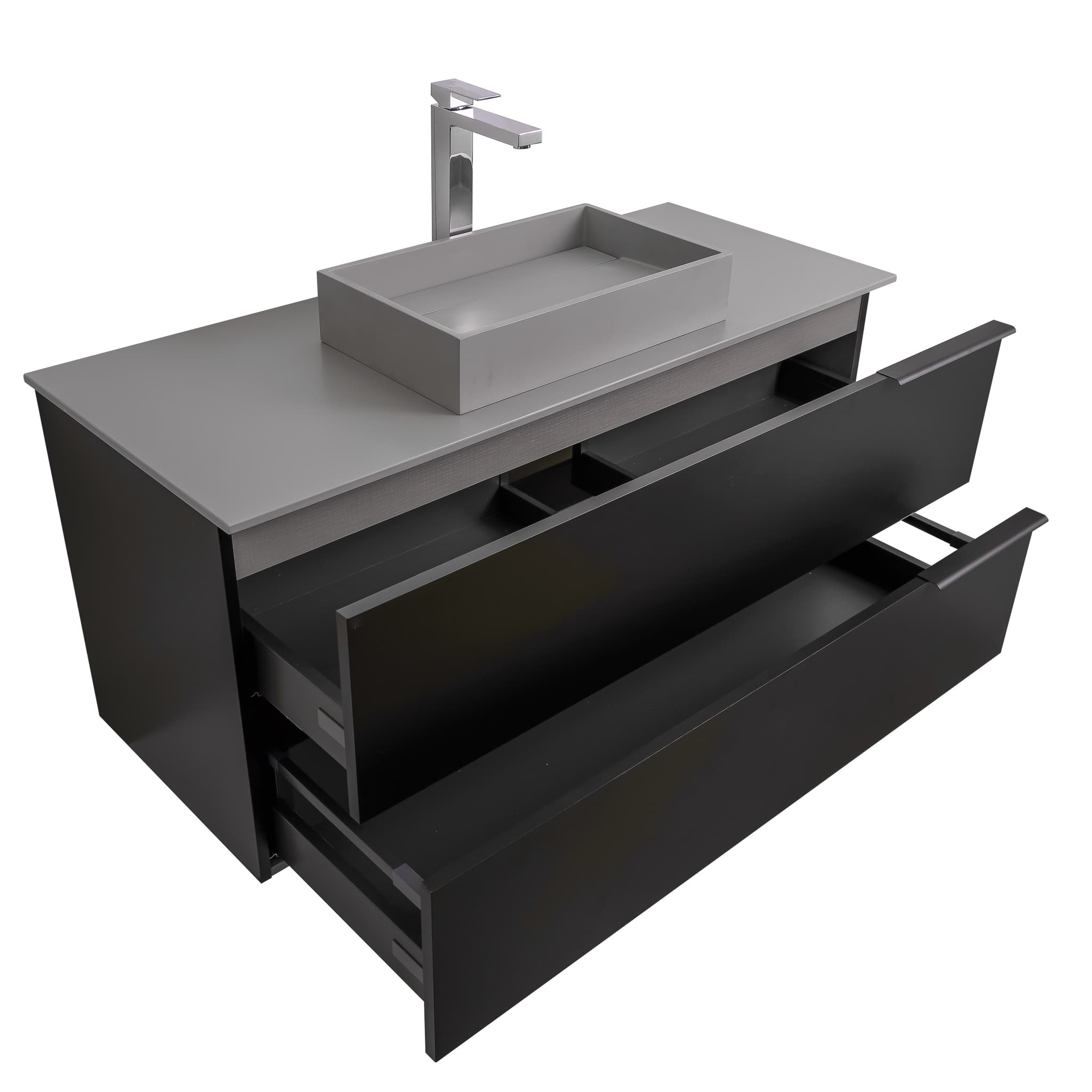 Mallorca 47.5 Matte Black Cabinet, Solid Surface Flat Grey Counter And Infinity Square Solid Surface Grey Basin 1329, Wall Mounted Modern Vanity Set