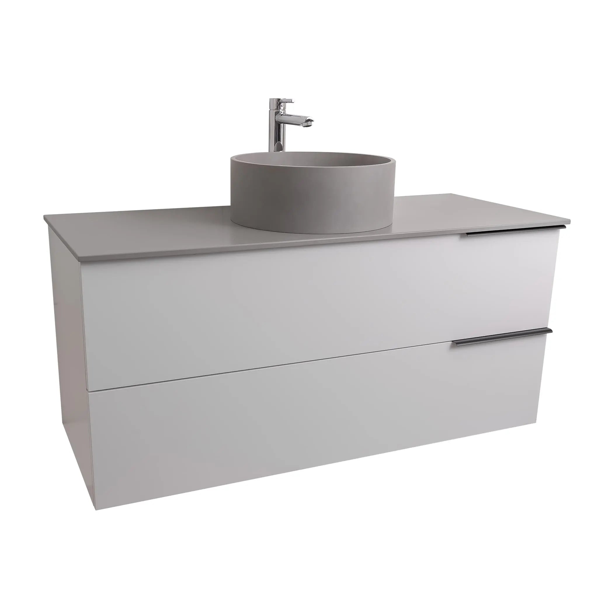 Mallorca 47.5 Matte White Cabinet, Solid Surface Flat Grey Counter And Round Solid Surface Grey Basin 1386, Wall Mounted Modern Vanity Set