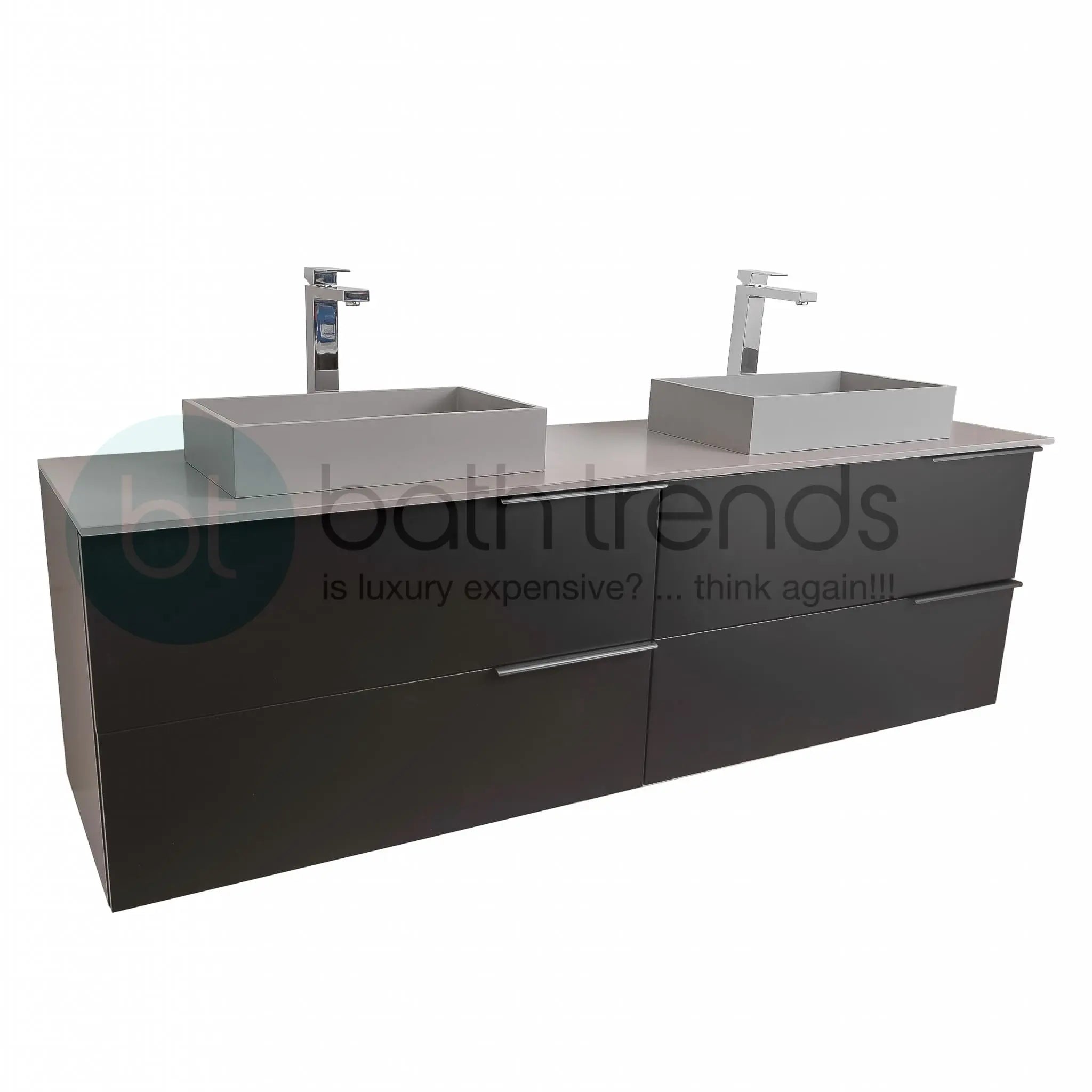Mallorca 72 Matte Black Cabinet, Solid Surface Flat Grey Counter And Two Infinity Square Solid Surface Grey Basin 1329, Wall Mounted Modern Vanity Set