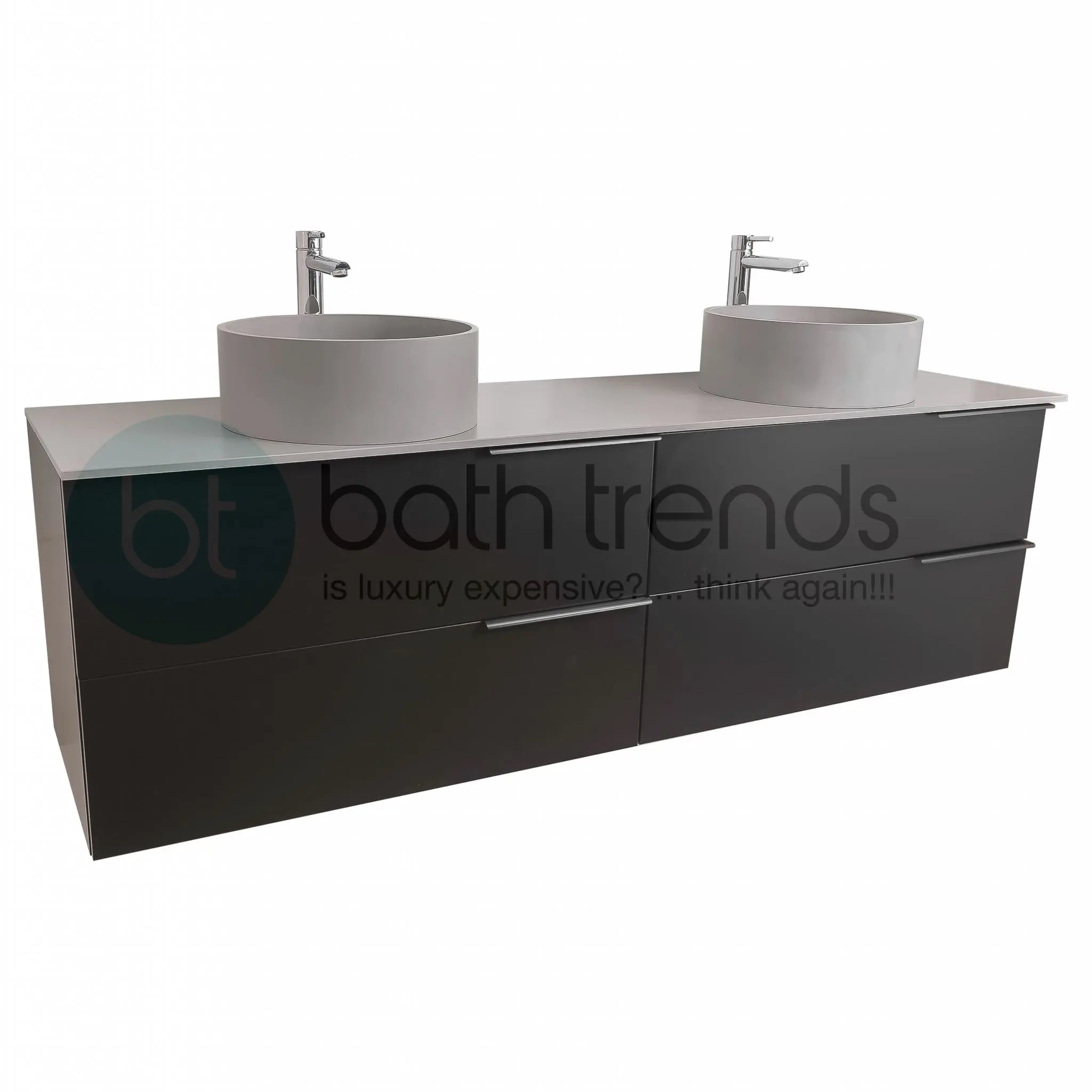 Mallorca 72 Matte Black Cabinet, Solid Surface Flat Grey Counter And Two Round Solid Surface Grey Basin 1386, Wall Mounted Modern Vanity Set