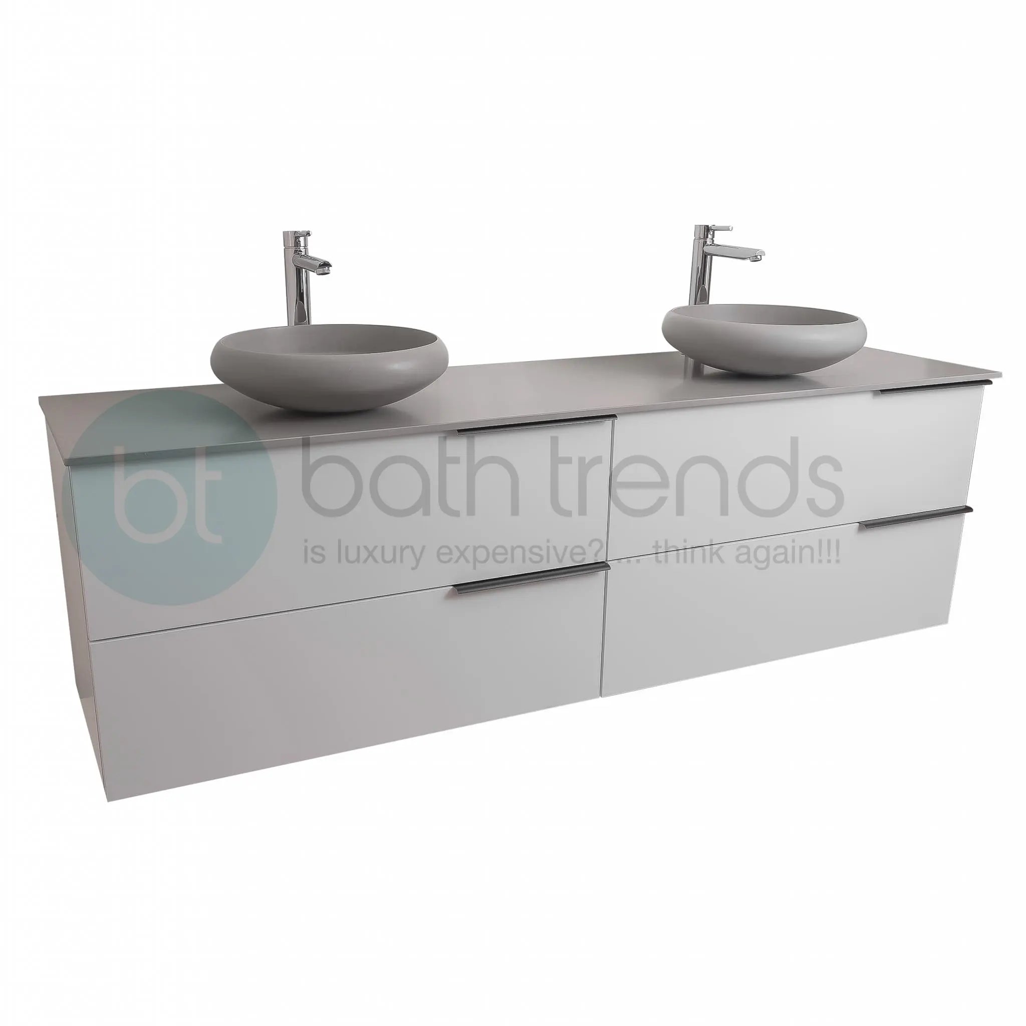 Mallorca 72 Matte White Cabinet, Solid Surface Flat Grey Counter And Two Round Solid Surface Grey Basin 1153, Wall Mounted Modern Vanity Set