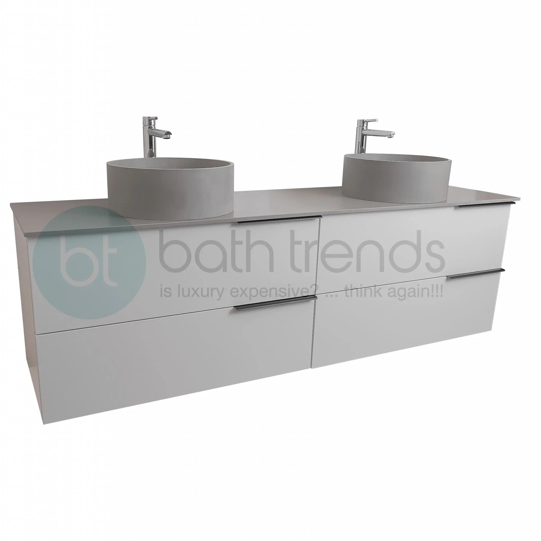 Mallorca 72 Matte White Cabinet, Solid Surface Flat Grey Counter And Two Round Solid Surface Grey Basin 1386, Wall Mounted Modern Vanity Set