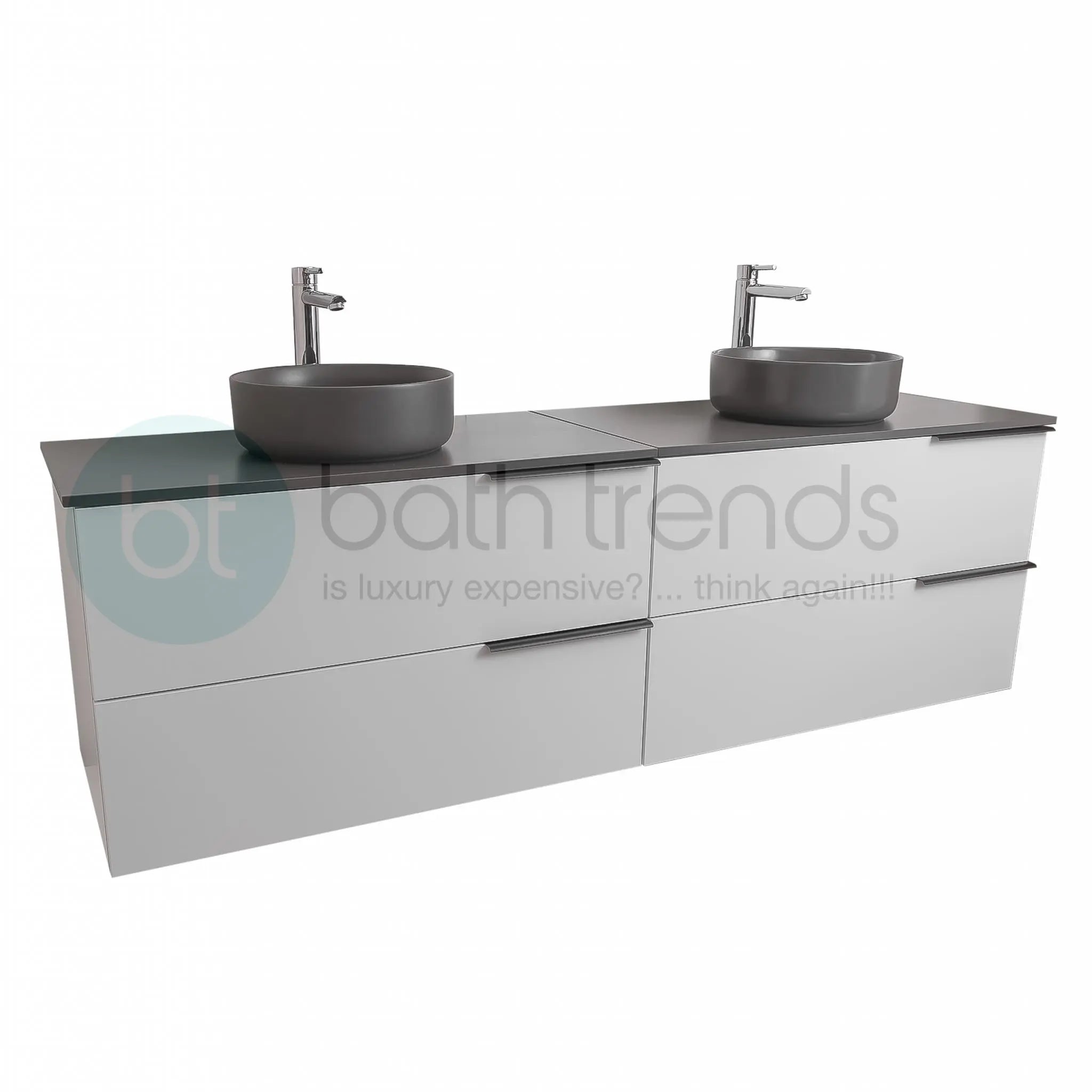 Mallorca 72 Matte White Cabinet, Ares Grey Ceniza Top And Two Ares Grey Ceniza Ceramic Basin, Wall Mounted Modern Vanity Set