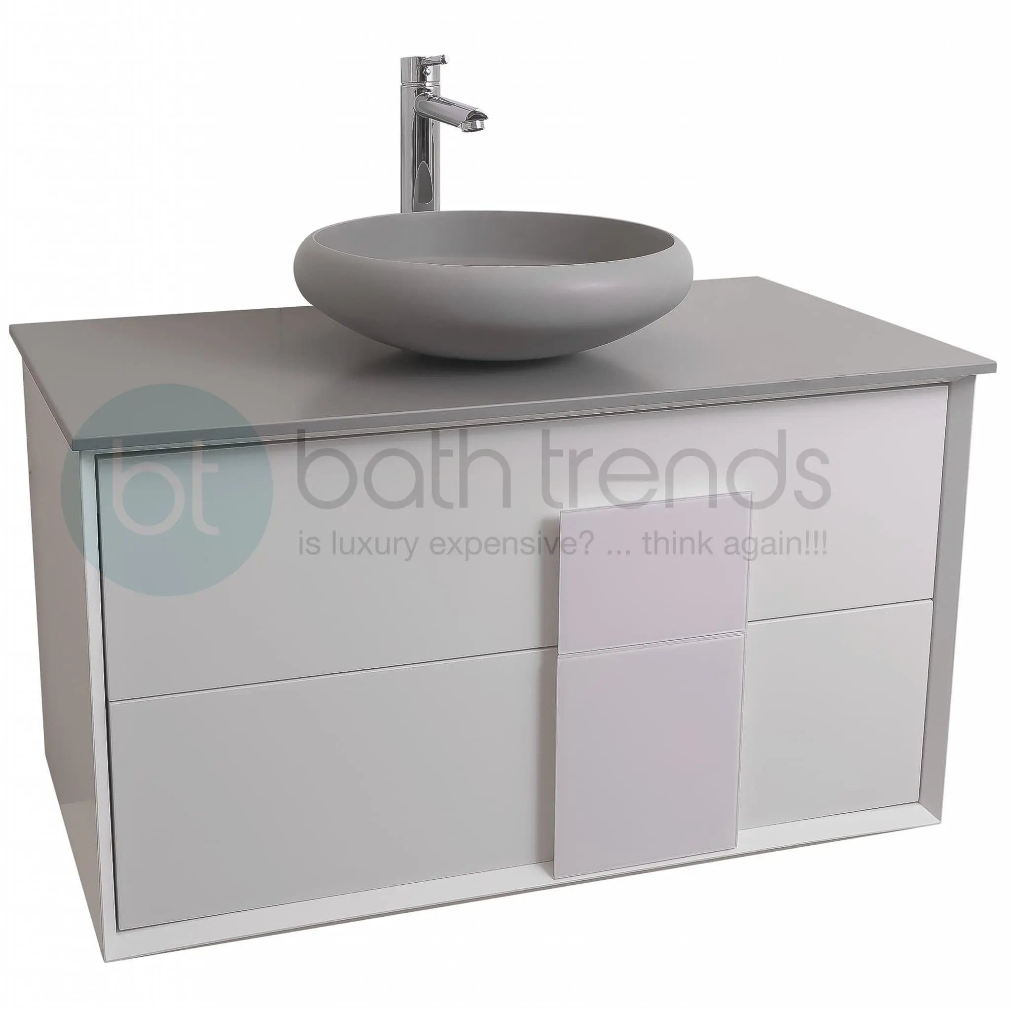 Piazza 31.5 Matte White With White Handle Cabinet, Solid Surface Flat Grey Counter and Round Solid Surface Grey Basin 1153, Wall Mounted Modern Vanity Set