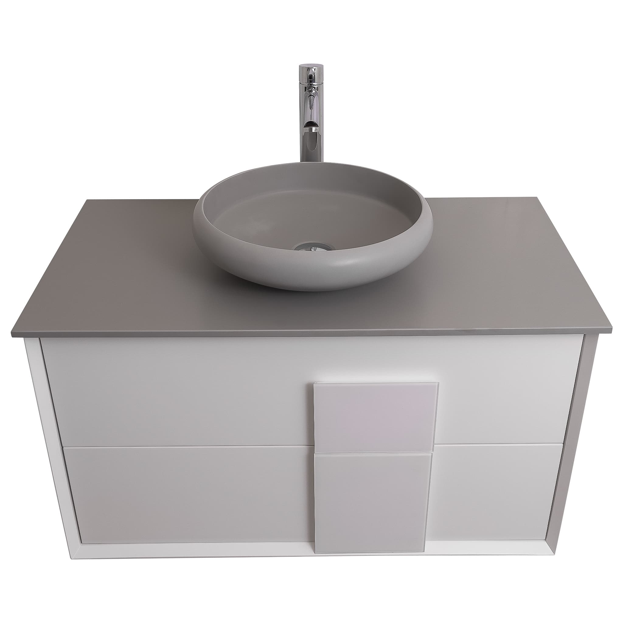 Piazza 31.5 Matte White With White Handle Cabinet, Solid Surface Flat Grey Counter and Round Solid Surface Grey Basin 1153, Wall Mounted Modern Vanity Set
