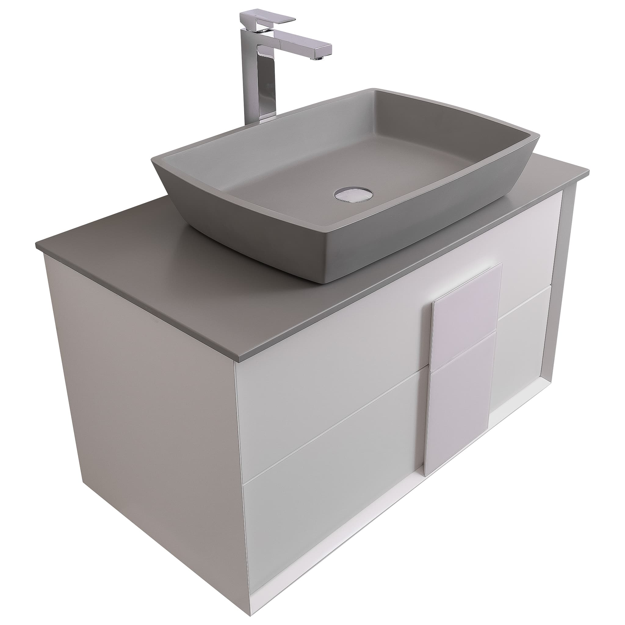 Piazza 31.5 Matte White With White Handle Cabinet, Solid Surface Flat Grey Counter and Square Solid Surface Grey Basin 1316, Wall Mounted Modern Vanity Set