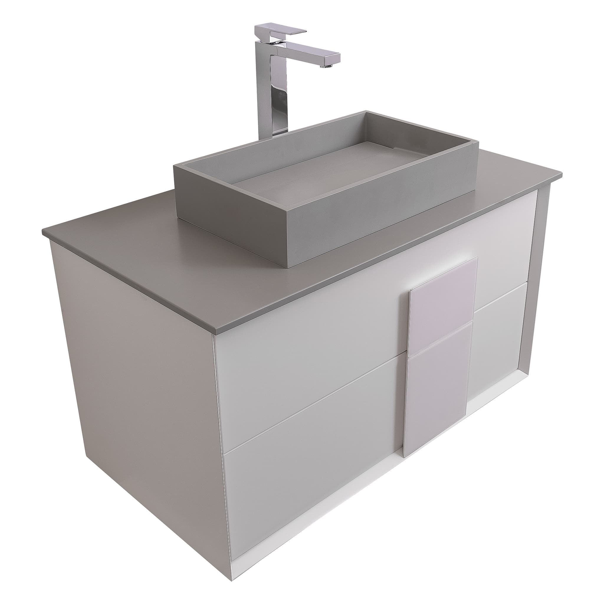 Piazza 31.5 Matte White With White Handle Cabinet, Solid Surface Flat Grey Counter and Infinity Square Solid Surface Grey Basin 1329, Wall Mounted Modern Vanity Set