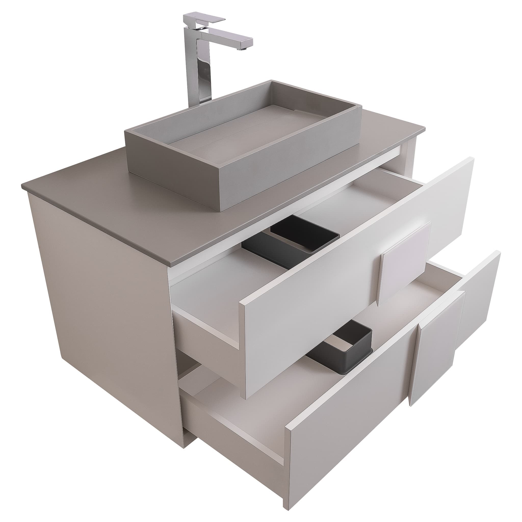 Piazza 31.5 Matte White With White Handle Cabinet, Solid Surface Flat Grey Counter and Infinity Square Solid Surface Grey Basin 1329, Wall Mounted Modern Vanity Set
