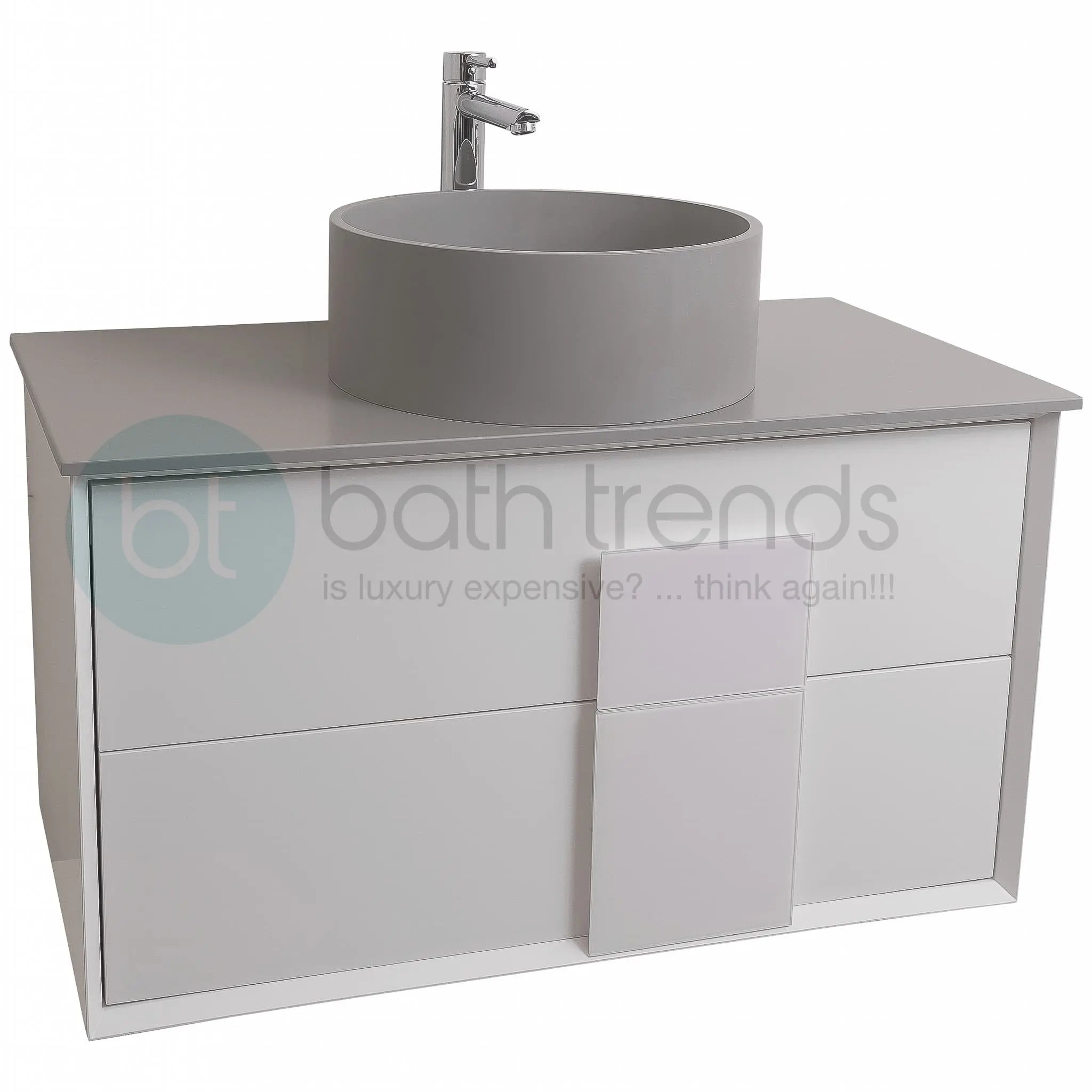 Piazza 31.5 Matte White With White Handle Cabinet, Solid Surface Flat Grey Counter and Round Solid Surface Grey Basin 1386, Wall Mounted Modern Vanity Set
