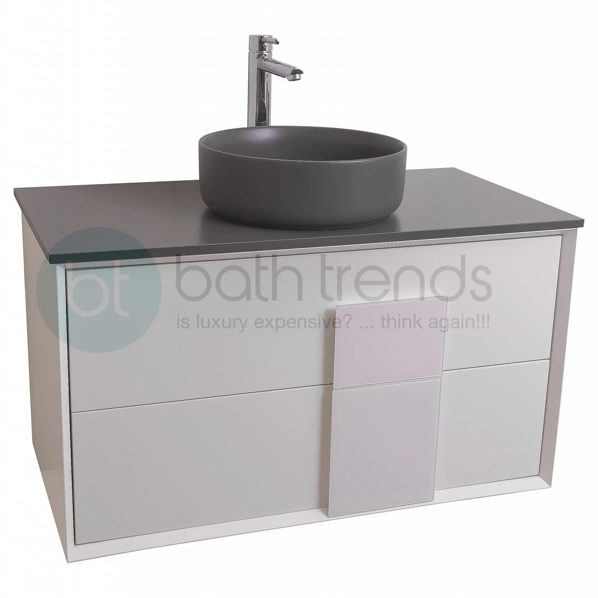Piazza 31.5 Matte White With White Handle Cabinet, Ares Grey Ceniza Top and Ares Grey Ceniza Ceramic Basin, Wall Mounted Modern Vanity Set