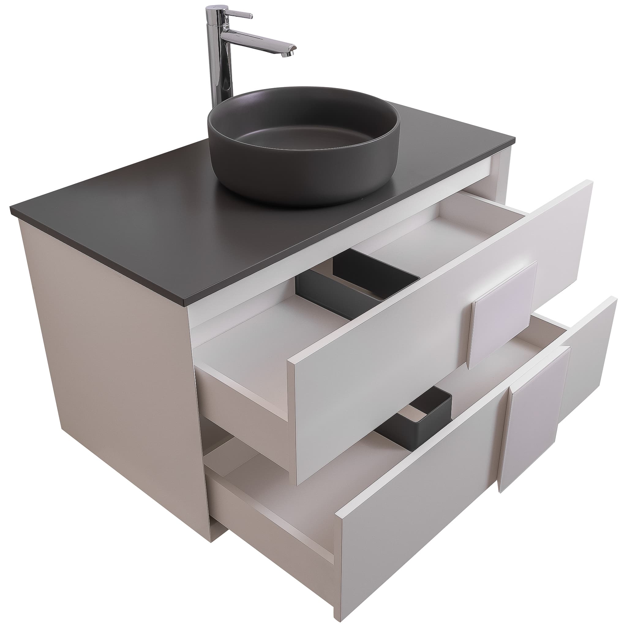 Piazza 31.5 Matte White With White Handle Cabinet, Ares Grey Ceniza Top and Ares Grey Ceniza Ceramic Basin, Wall Mounted Modern Vanity Set