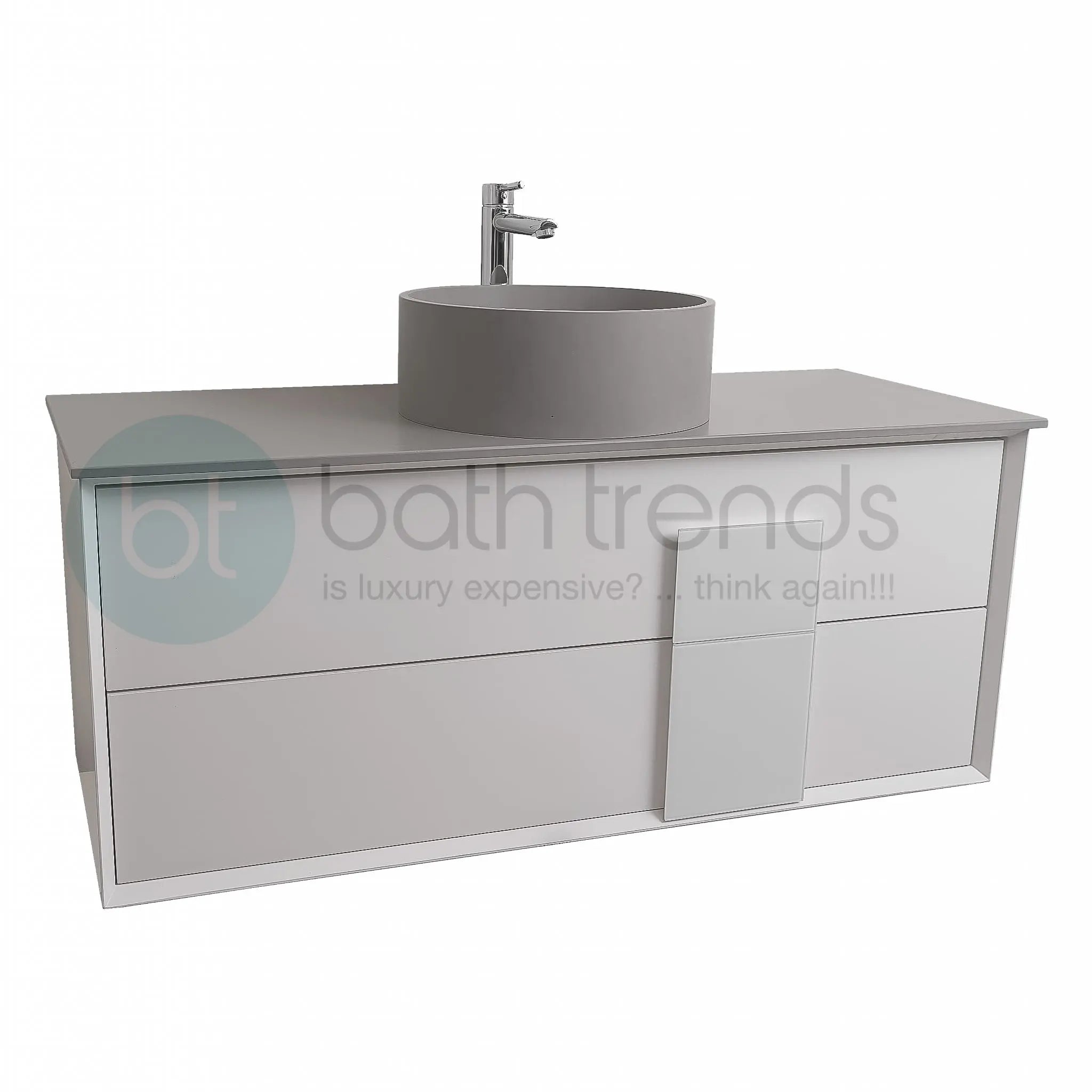 Piazza 47.5 Matte White With White Handle Cabinet, Solid Surface Flat Grey Counter and Round Solid Surface Grey Basin 1386, Wall Mounted Modern Vanity Set