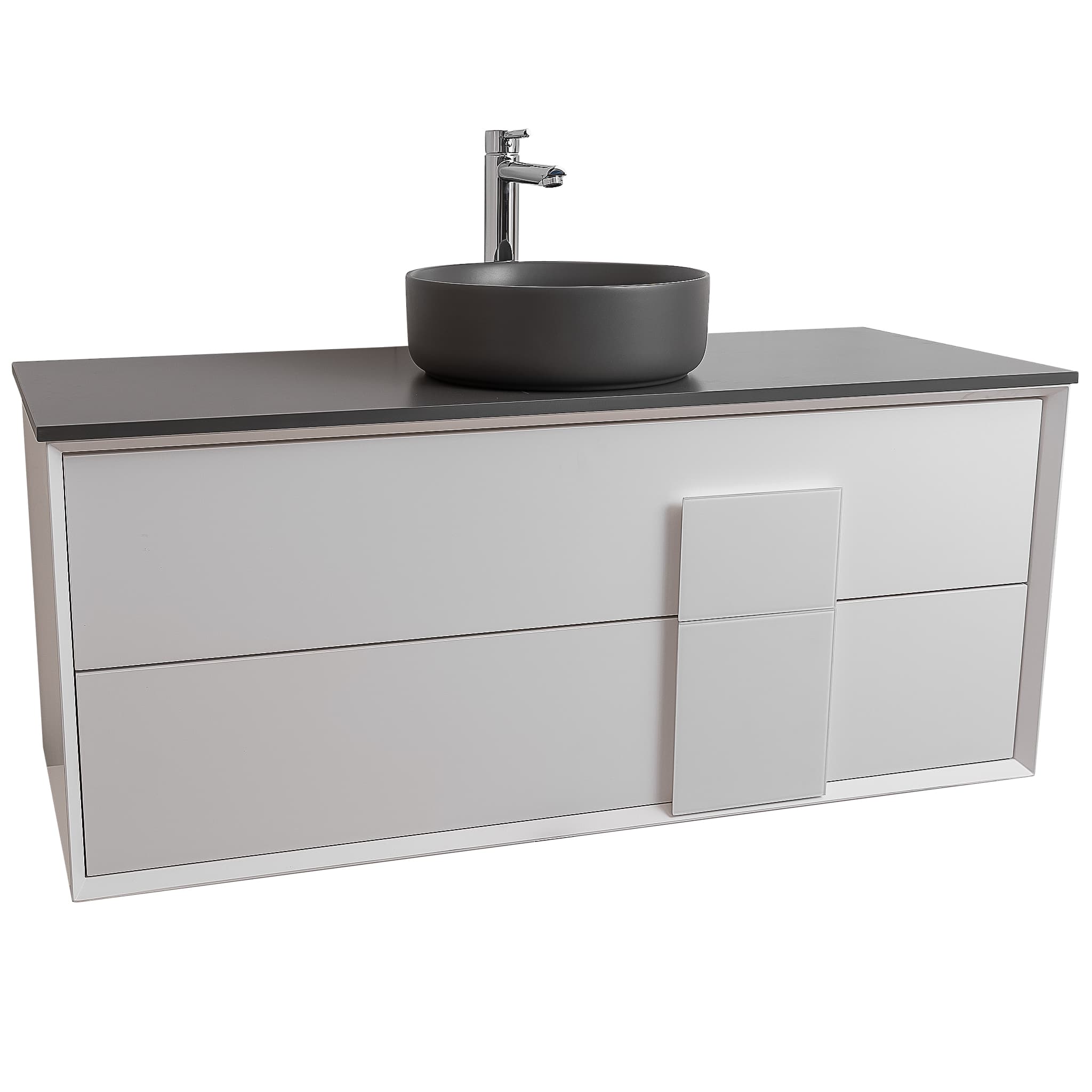 Piazza 47.5 Matte White With White Handle Cabinet, Ares Grey Ceniza Top and Ares Grey Ceniza Ceramic Basin, Wall Mounted Modern Vanity Set