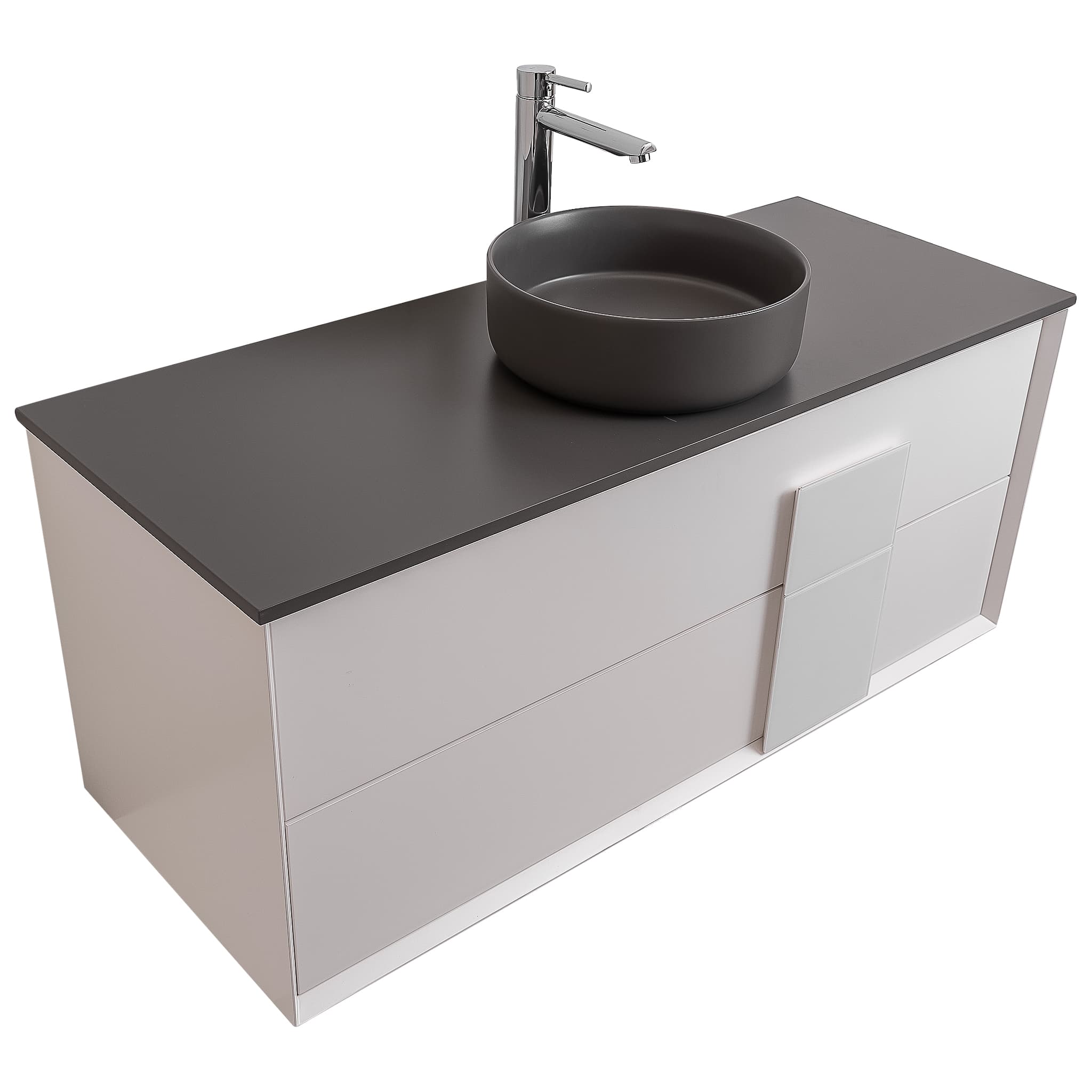 Piazza 47.5 Matte White With White Handle Cabinet, Ares Grey Ceniza Top and Ares Grey Ceniza Ceramic Basin, Wall Mounted Modern Vanity Set