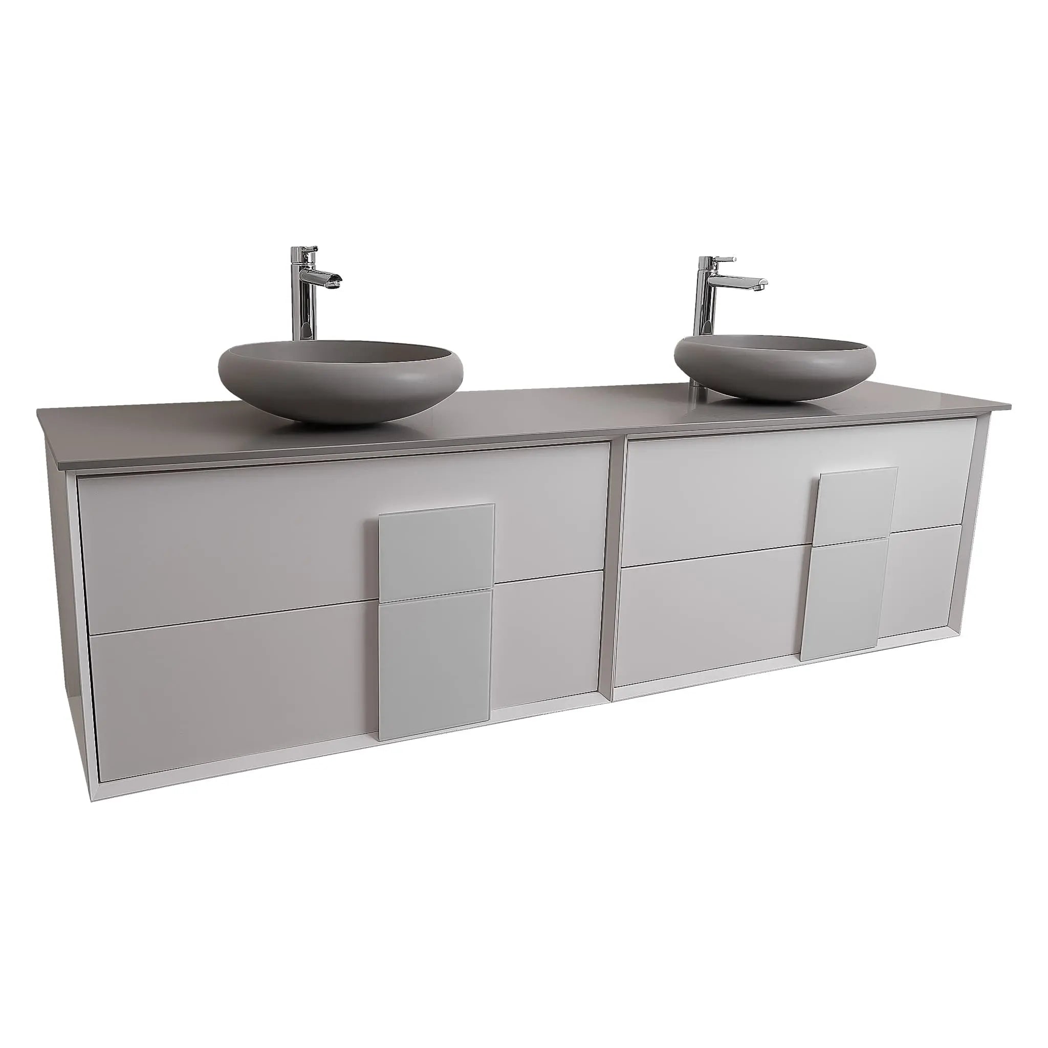 Piazza 63 Matte White With White Handle Cabinet, Solid Surface Flat Grey Counter and Two Round Solid Surface Grey Basin 1153, Wall Mounted Modern Vanity Set