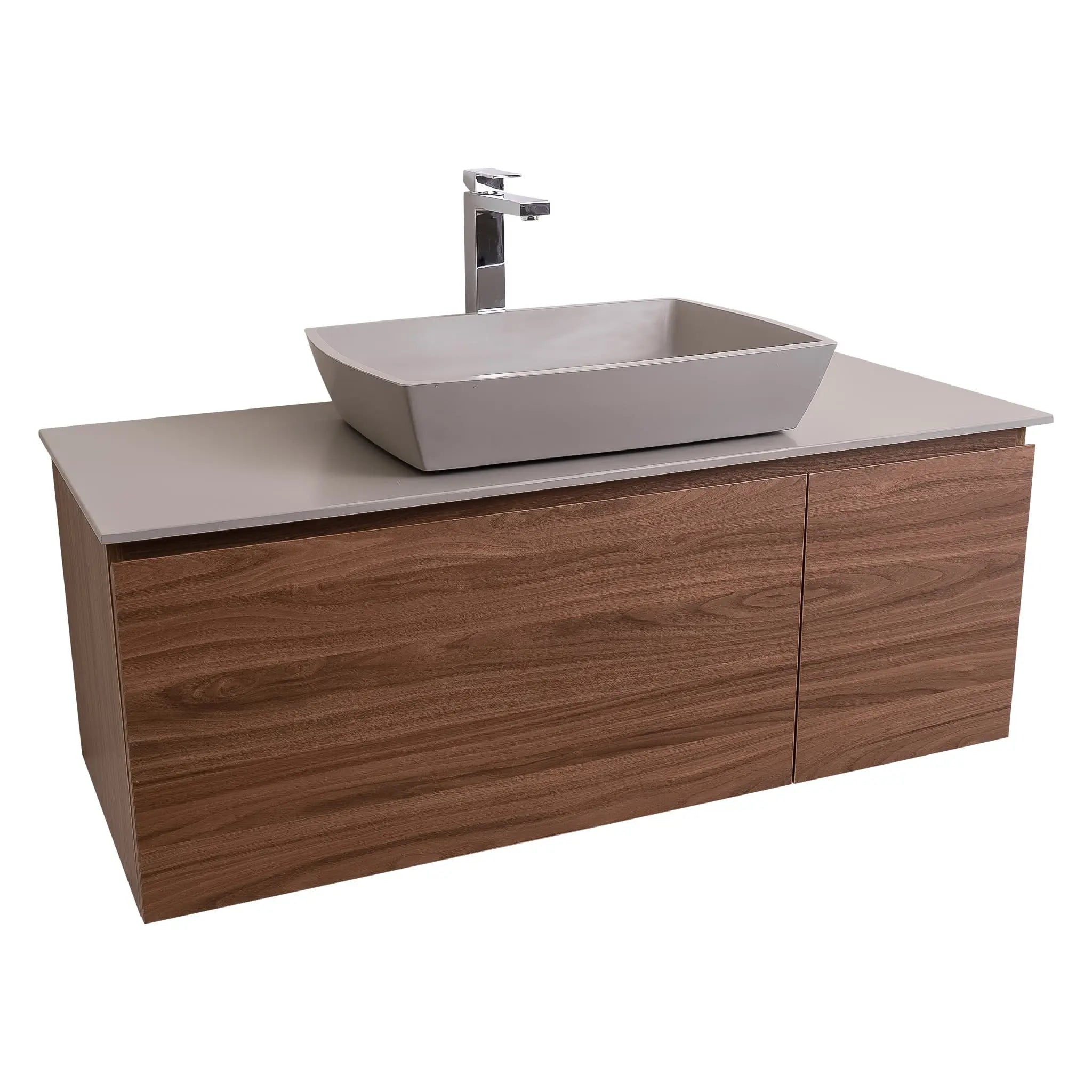 Venice 47.5 Walnut Wood Texture Cabinet, Solid Surface Flat Grey Counter And Square Solid Surface Grey Basin 1316, Wall Mounted Modern Vanity Set