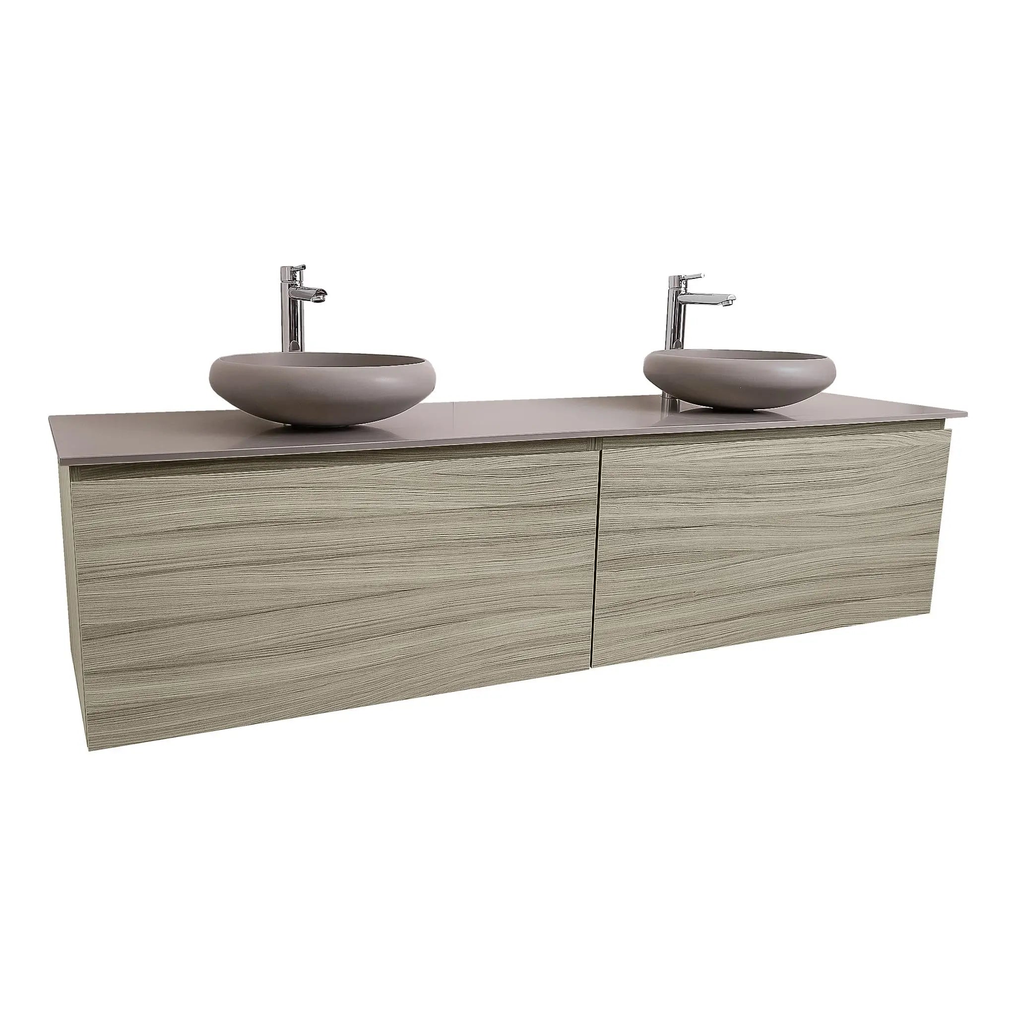 Venice 63 Nilo Grey Wood Texture Cabinet, Solid Surface Flat Grey Counter And Two Round Solid Surface Grey Basin 1153, Wall Mounted Modern Vanity Set