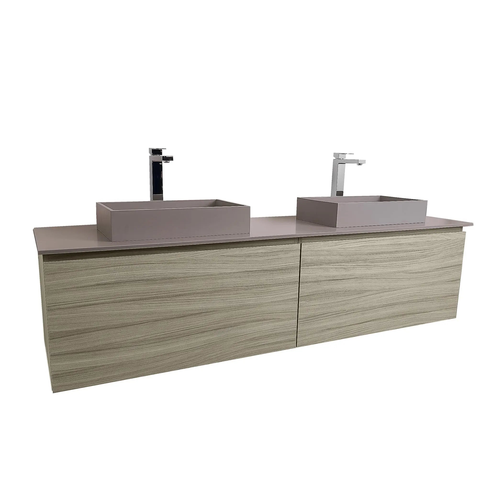 Venice 63 Nilo Grey Wood Texture Cabinet, Solid Surface Flat Grey Counter And Two Two Infinity Square Solid Surface Grey Basin 1329, Wall Mounted Modern Vanity Set