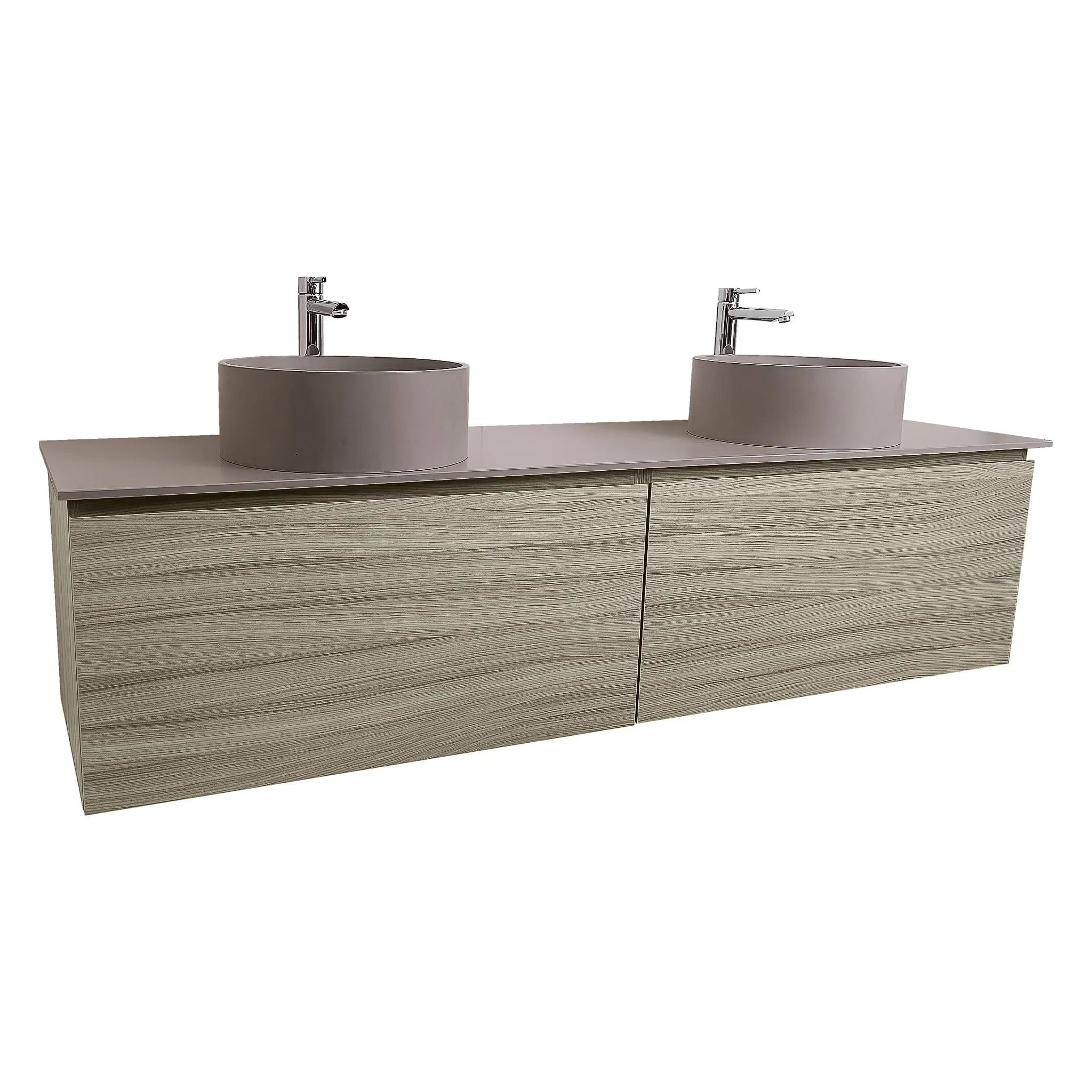 Venice 63 Nilo Grey Wood Texture Cabinet, Solid Surface Flat Grey Counter And Two Round Solid Surface Grey Basin 1386, Wall Mounted Modern Vanity Set