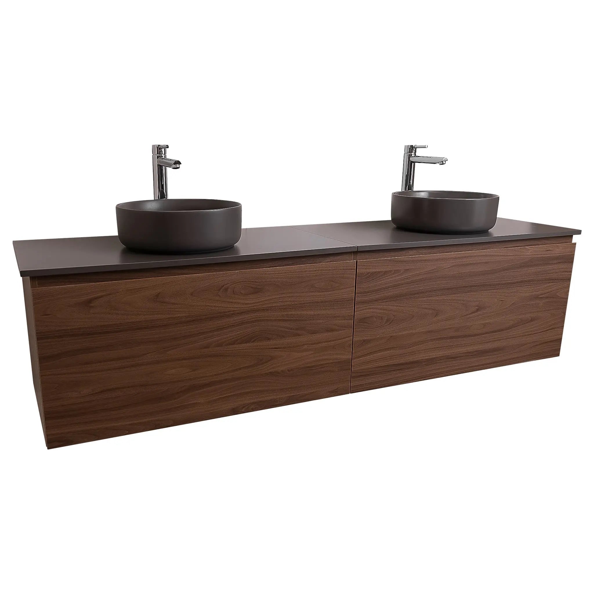 Venice 63 Walnut Wood Texture Cabinet, Ares Grey Ceniza Top And Two Ares Grey Ceniza Ceramic Basin, Wall Mounted Modern Vanity Set