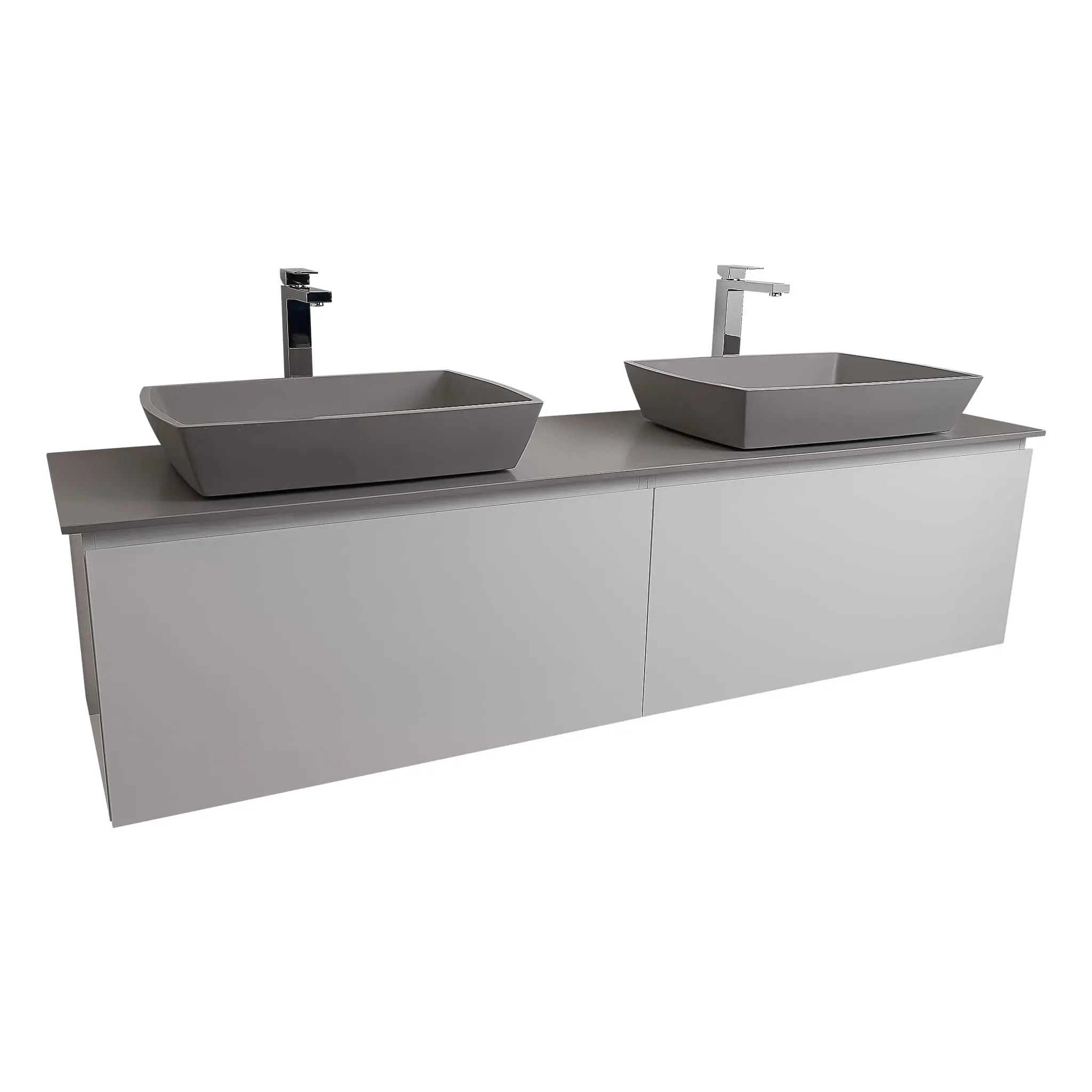 Venice 63 White High Gloss Cabinet, Solid Surface Flat Grey Counter And Two Square Solid Surface Grey Basin 1316, Wall Mounted Modern Vanity Set