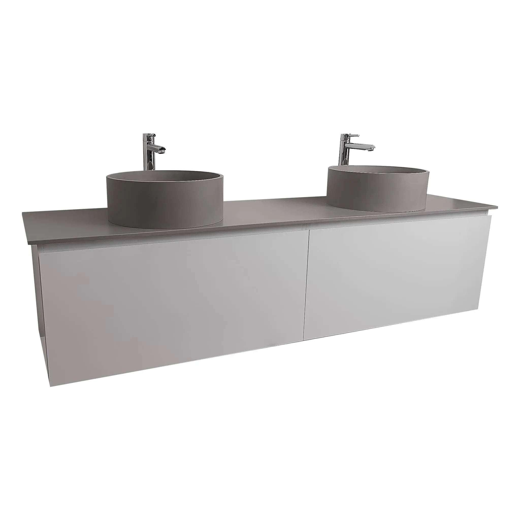 Venice 63 White High Gloss Cabinet, Solid Surface Flat Grey Counter And Two Round Solid Surface Grey Basin 1386, Wall Mounted Modern Vanity Set