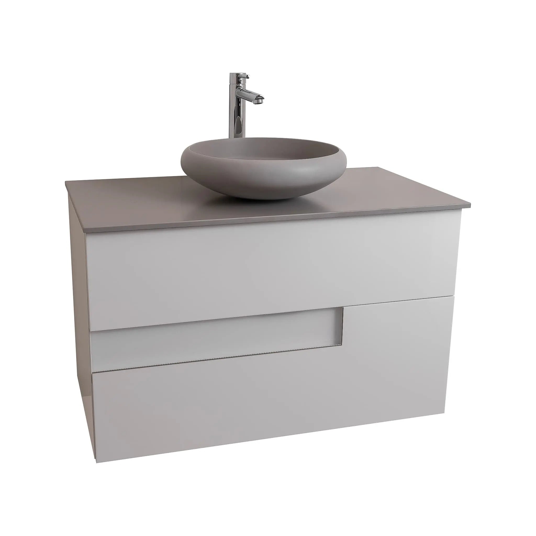 Vision 31.5 White High Gloss Cabinet, Solid Surface Flat Grey Counter And Round Solid Surface Grey Basin 1153, Wall Mounted Modern Vanity Set