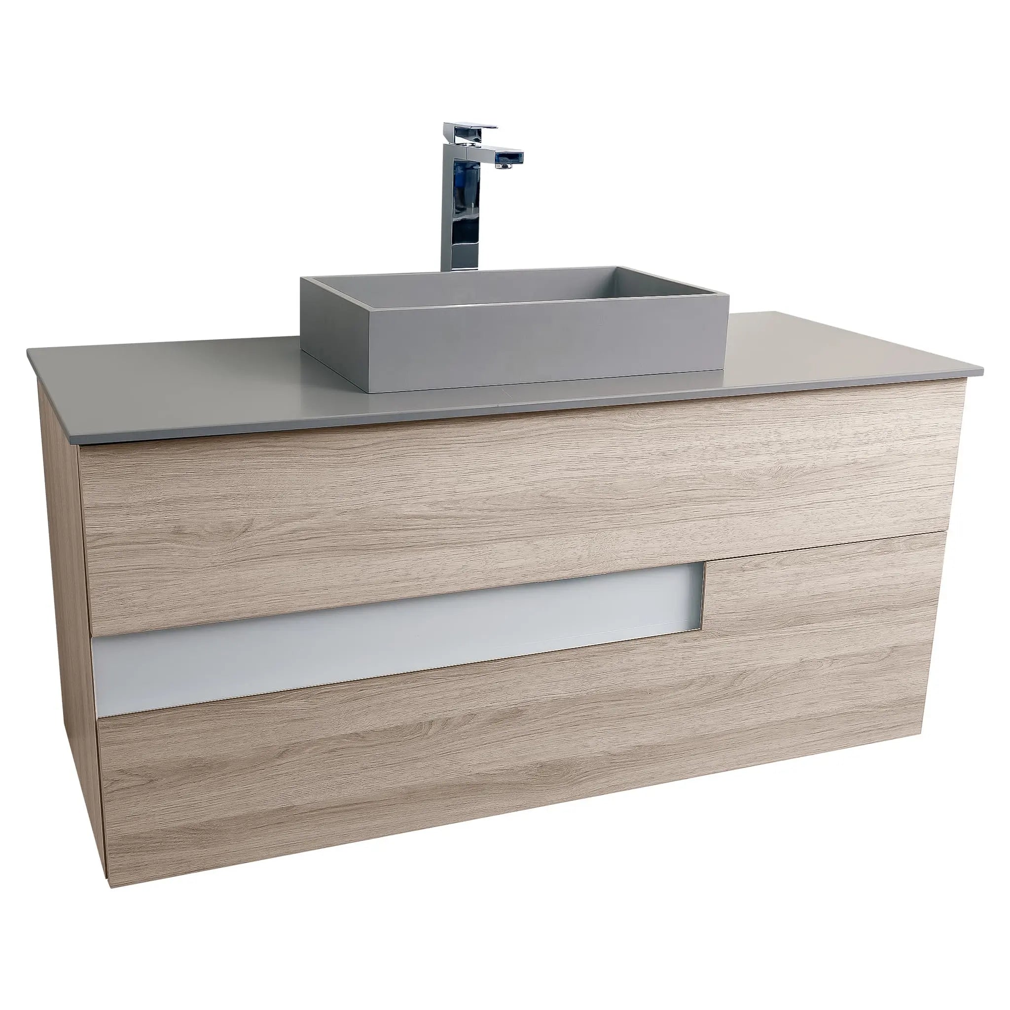 Vision 47.5 Natural Light Wood Cabinet, Solid Surface Flat Grey Counter And Infinity Square Solid Surface Grey Basin 1329, Wall Mounted Modern Vanity Set